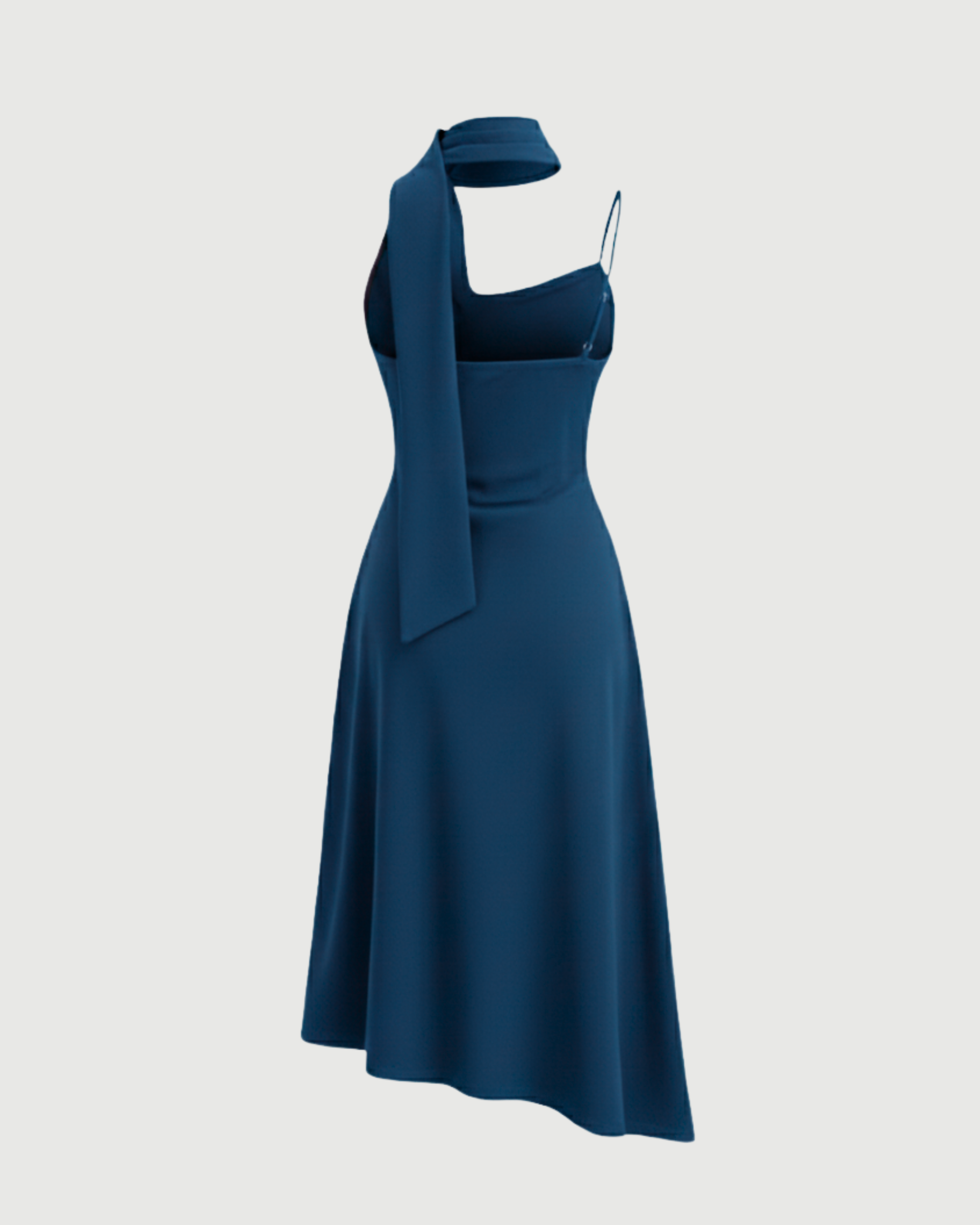 Draped Cowl Neck Ruched Midi Slip Dress-Blue