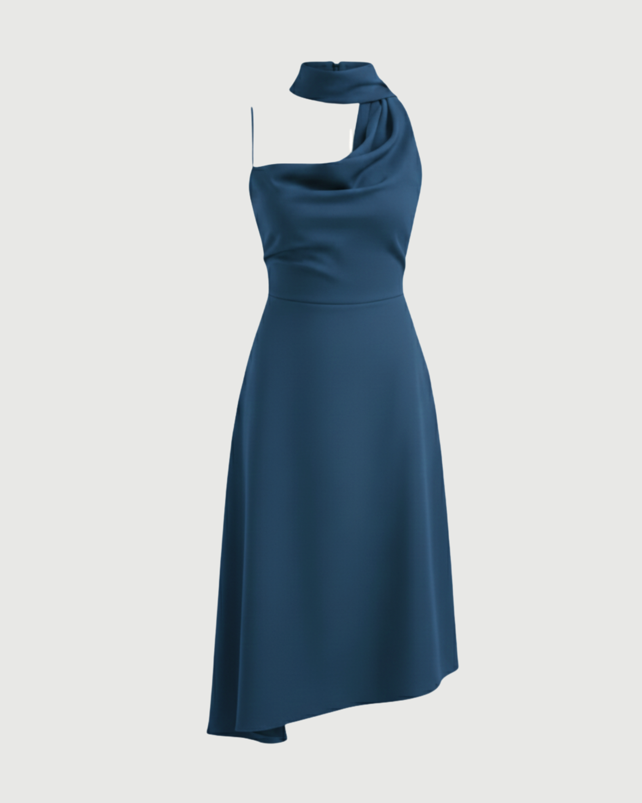 Draped Cowl Neck Ruched Midi Slip Dress-Blue