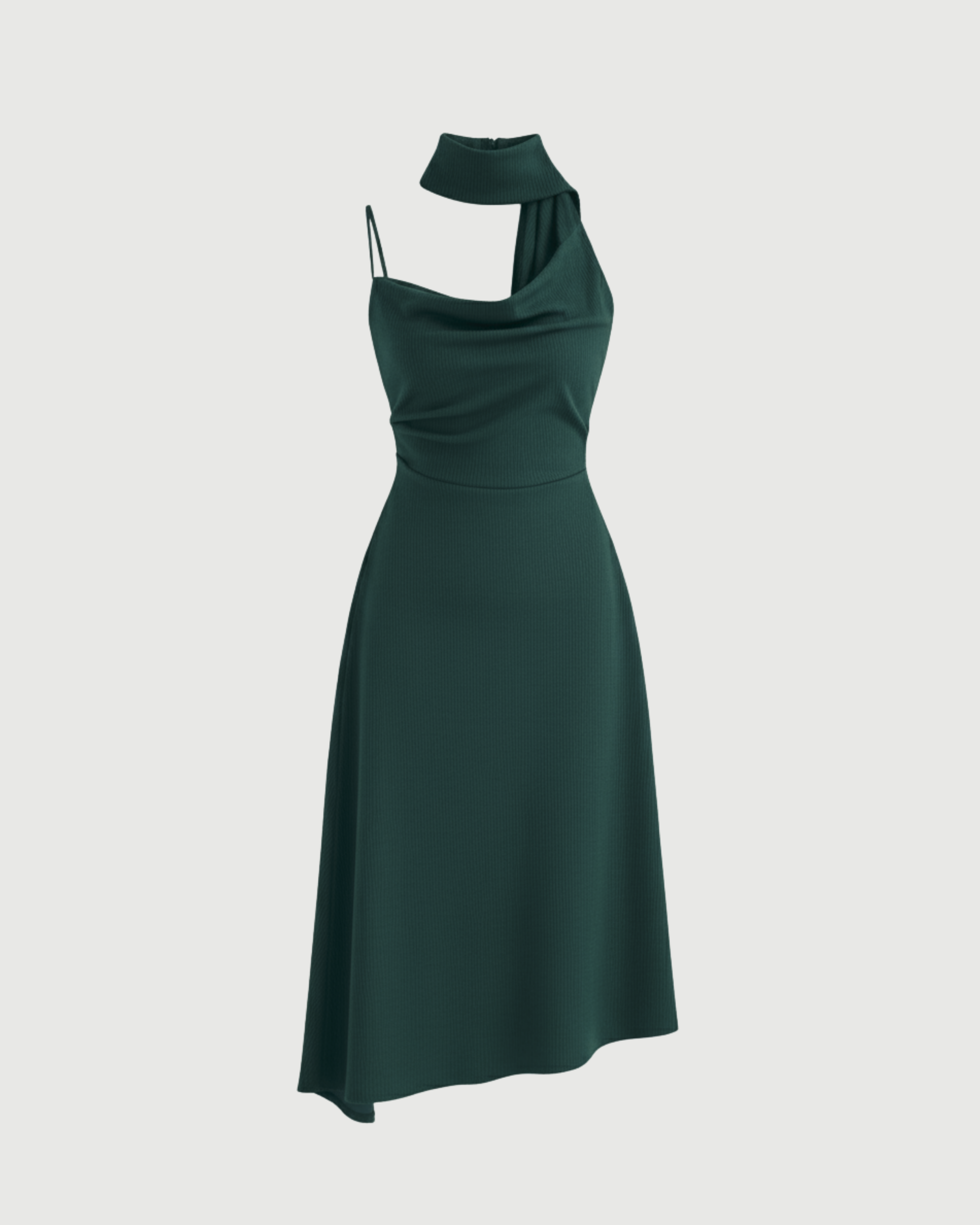 Draped Cowl Neck Ruched Midi Slip Dress-Dark Green