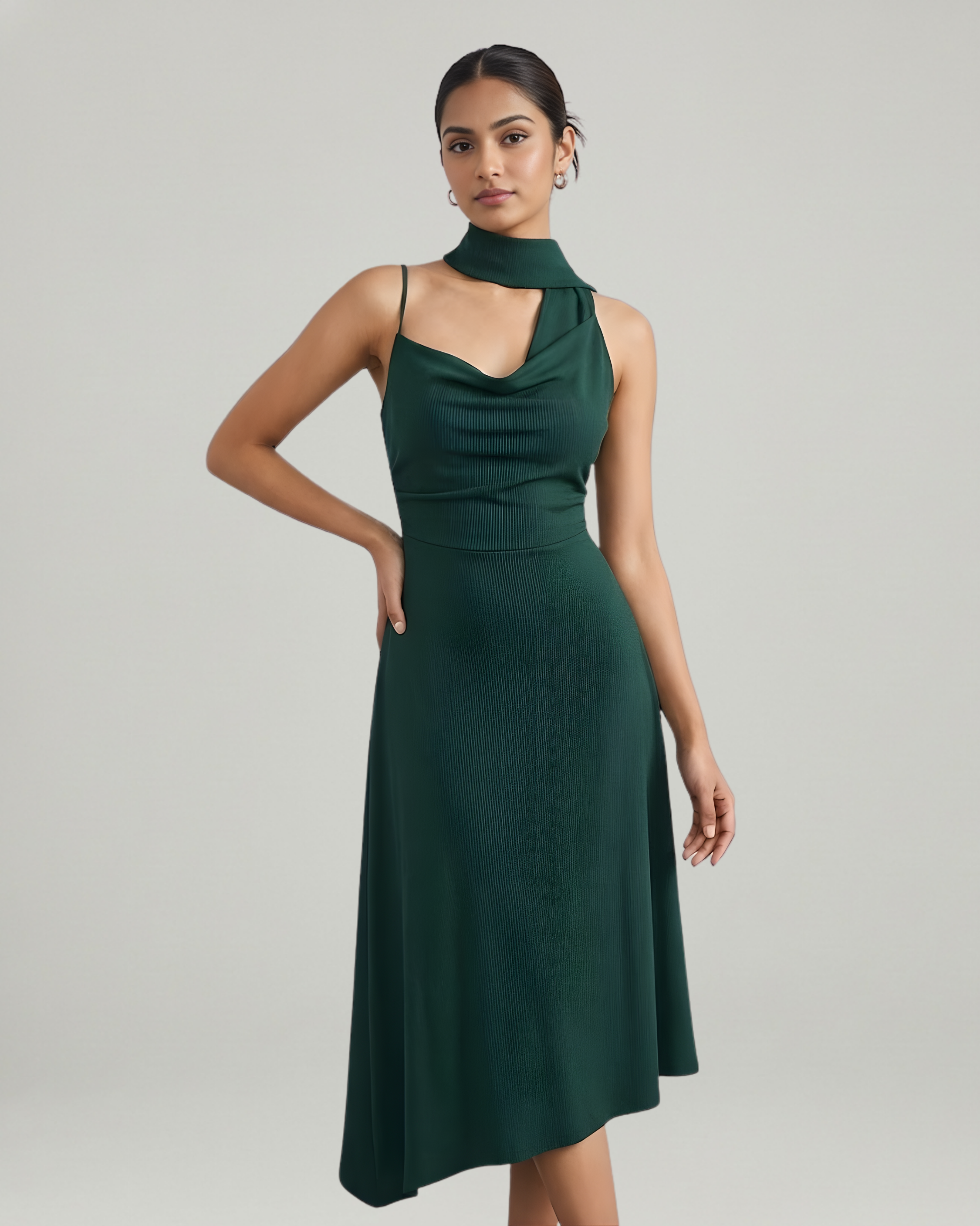 Draped Cowl Neck Ruched Midi Slip Dress-Dark Green