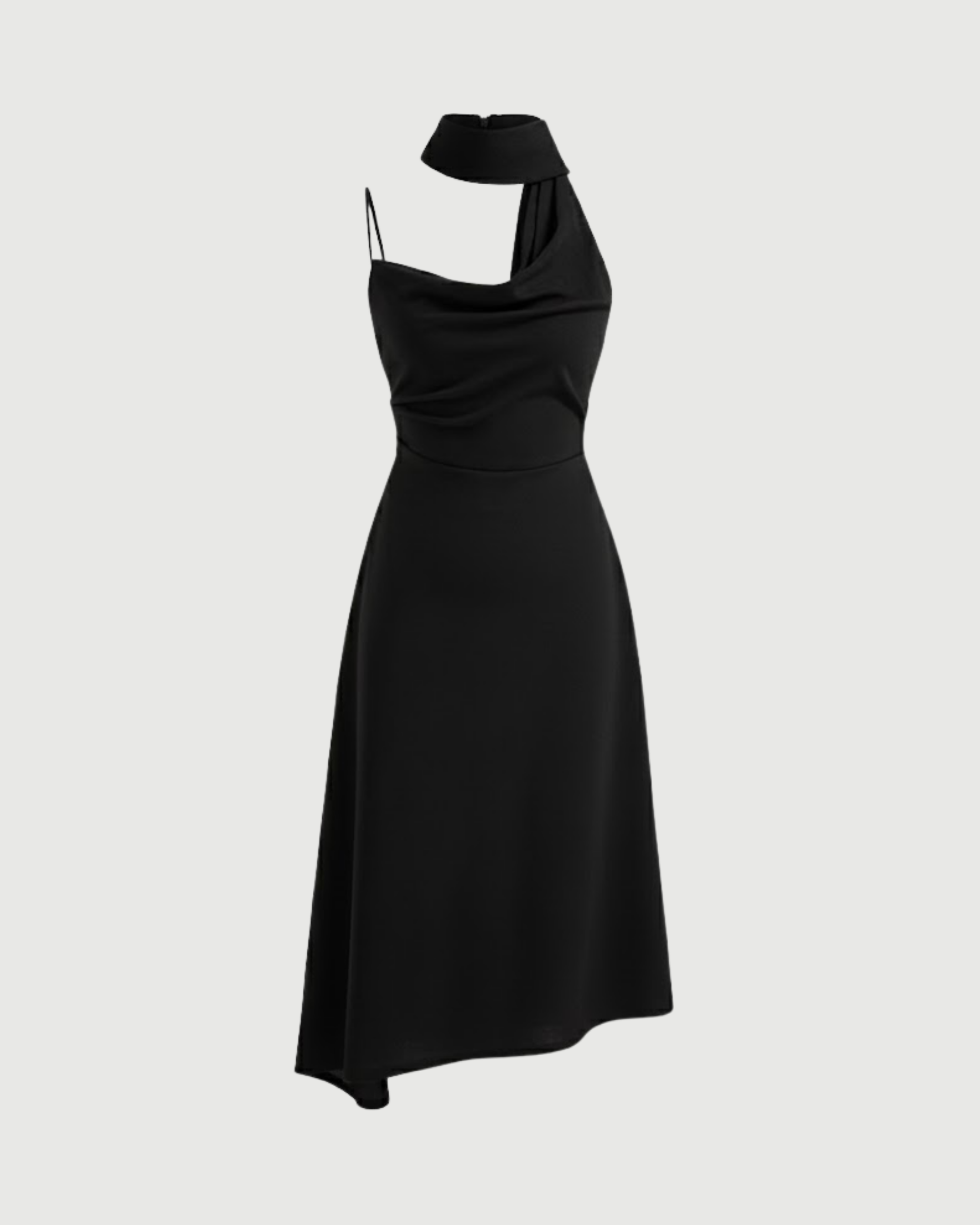Draped Cowl Neck Ruched Midi Slip Dress - Black