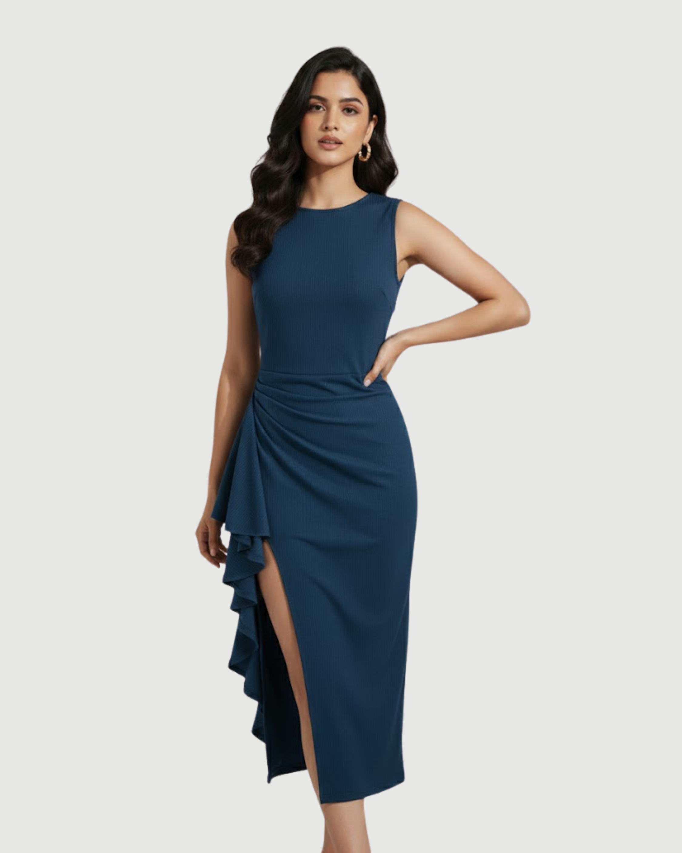 Elegance Backless Boat Neck Ruffle Split Maxi-Blue