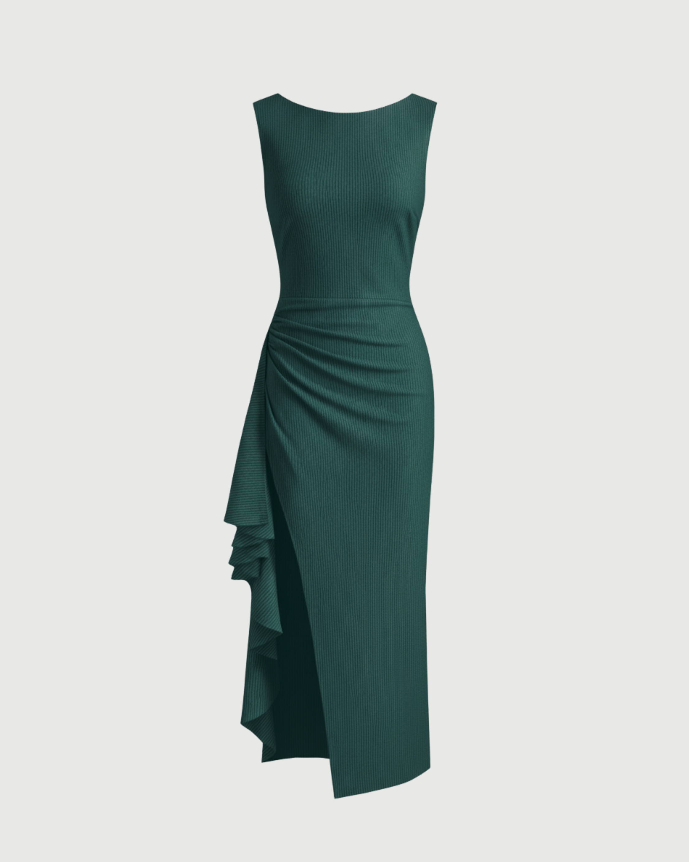 Elegance Backless Boat Neck Ruffle Split Maxi-Dark Green