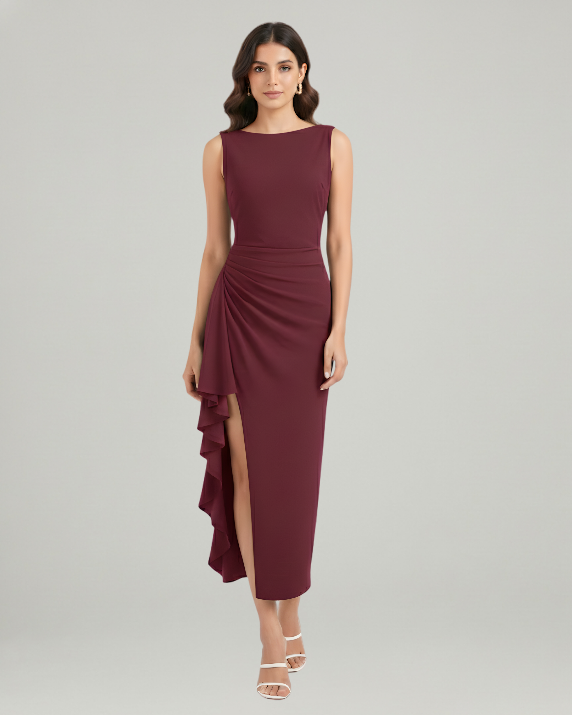Elegance Backless Boat Neck Ruffle Split Maxi-Maroon
