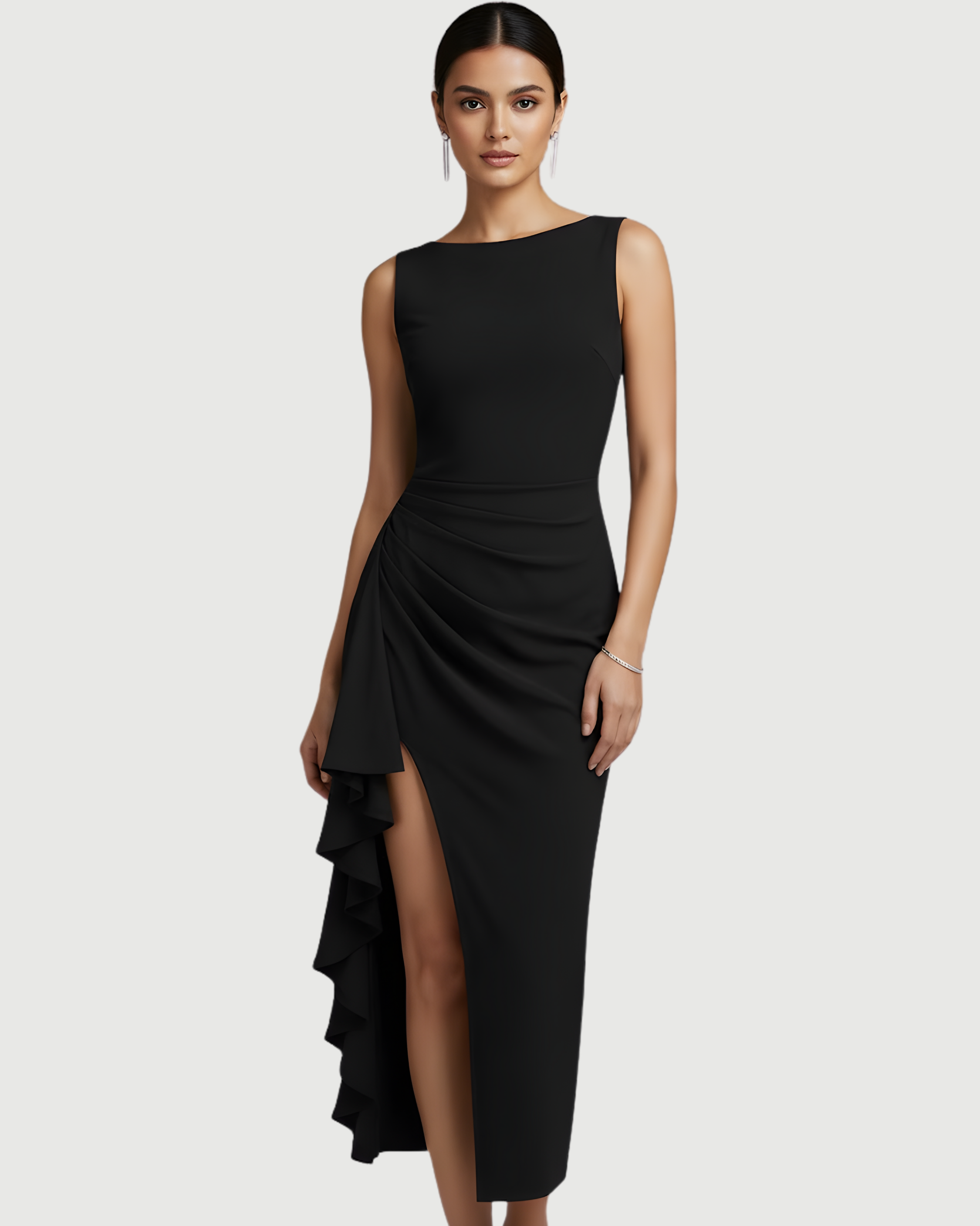 Elegance Backless Boat Neck Ruffle Split Maxi - Black
