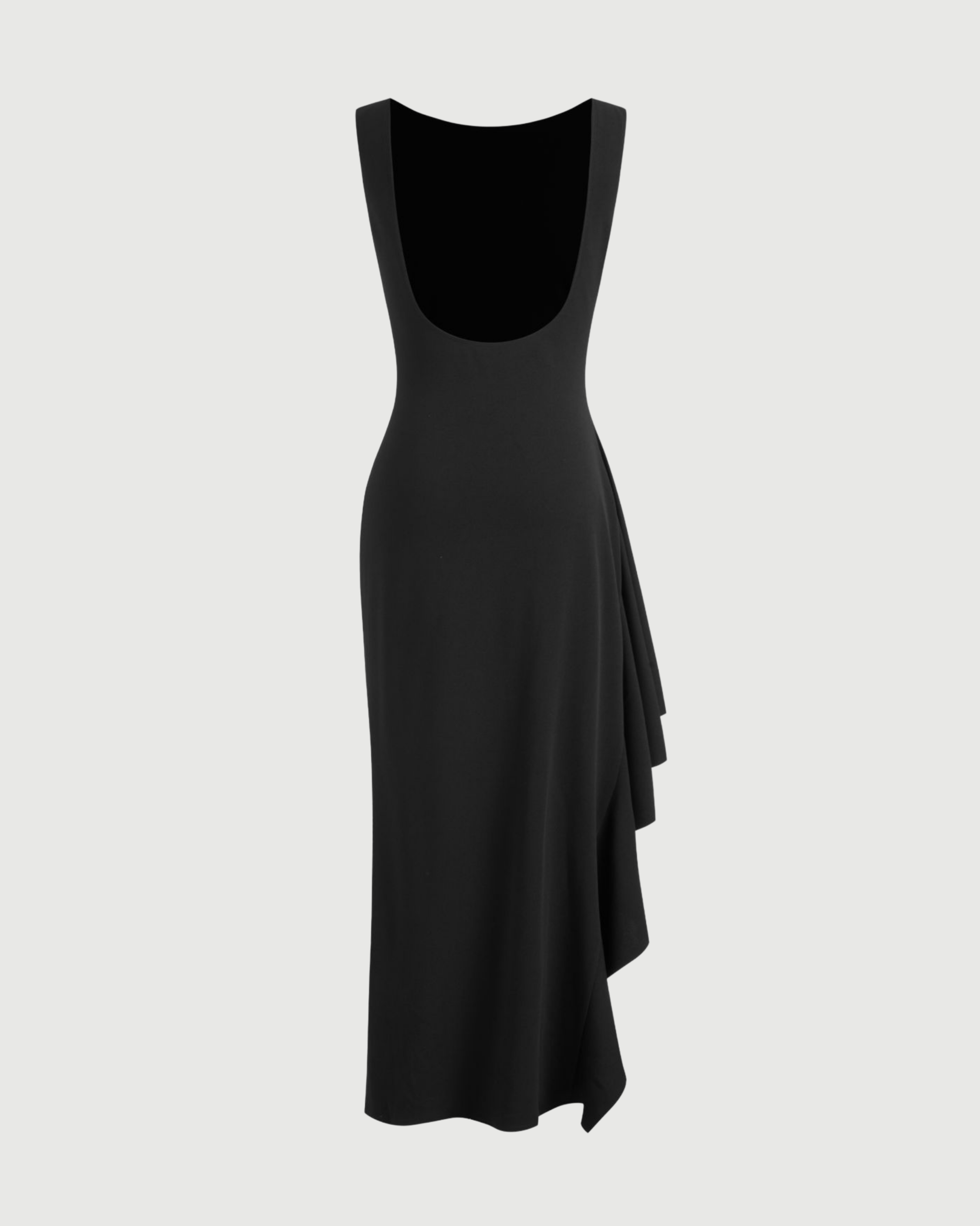Elegance Backless Boat Neck Ruffle Split Maxi - Black