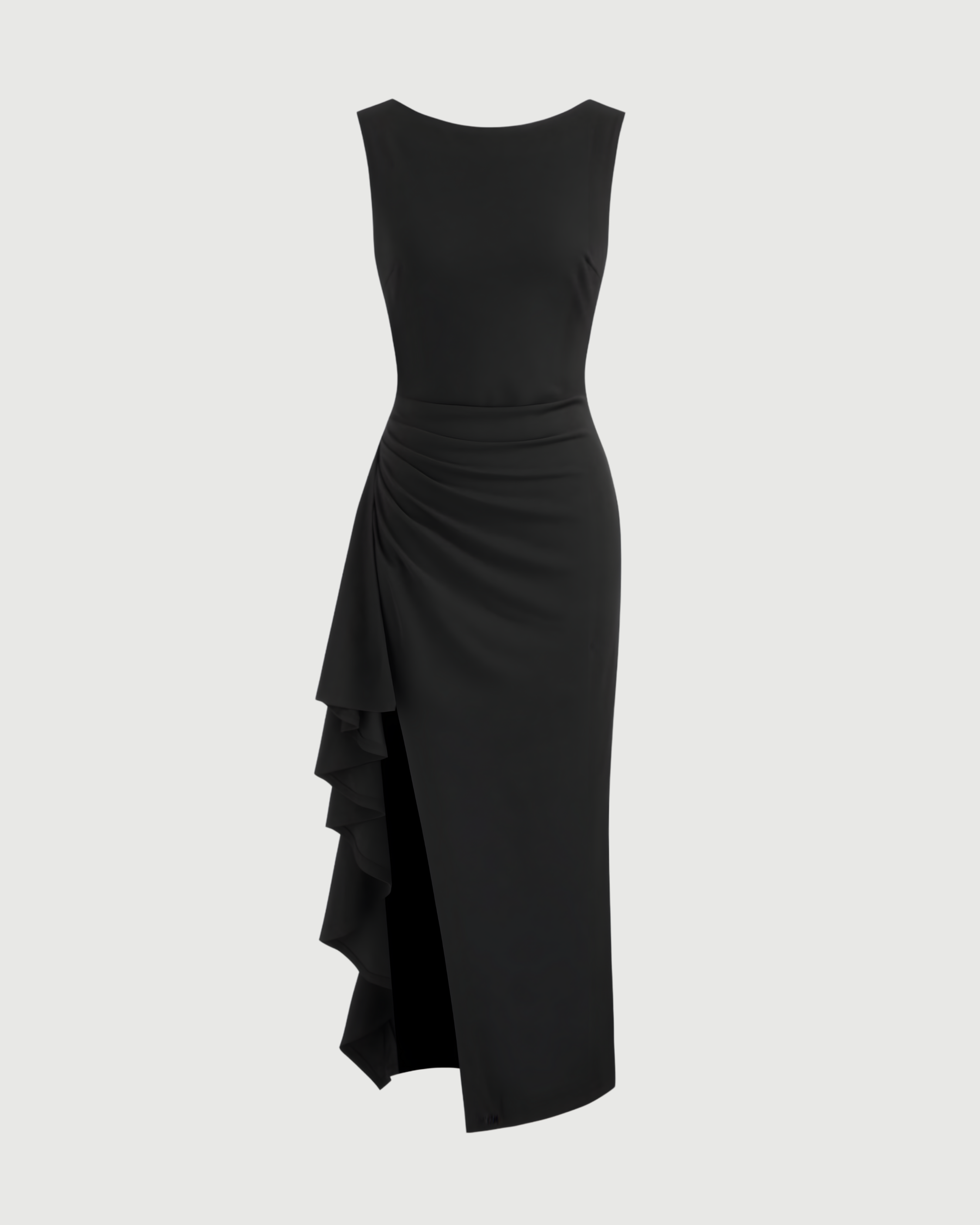 Elegance Backless Boat Neck Ruffle Split Maxi - Black