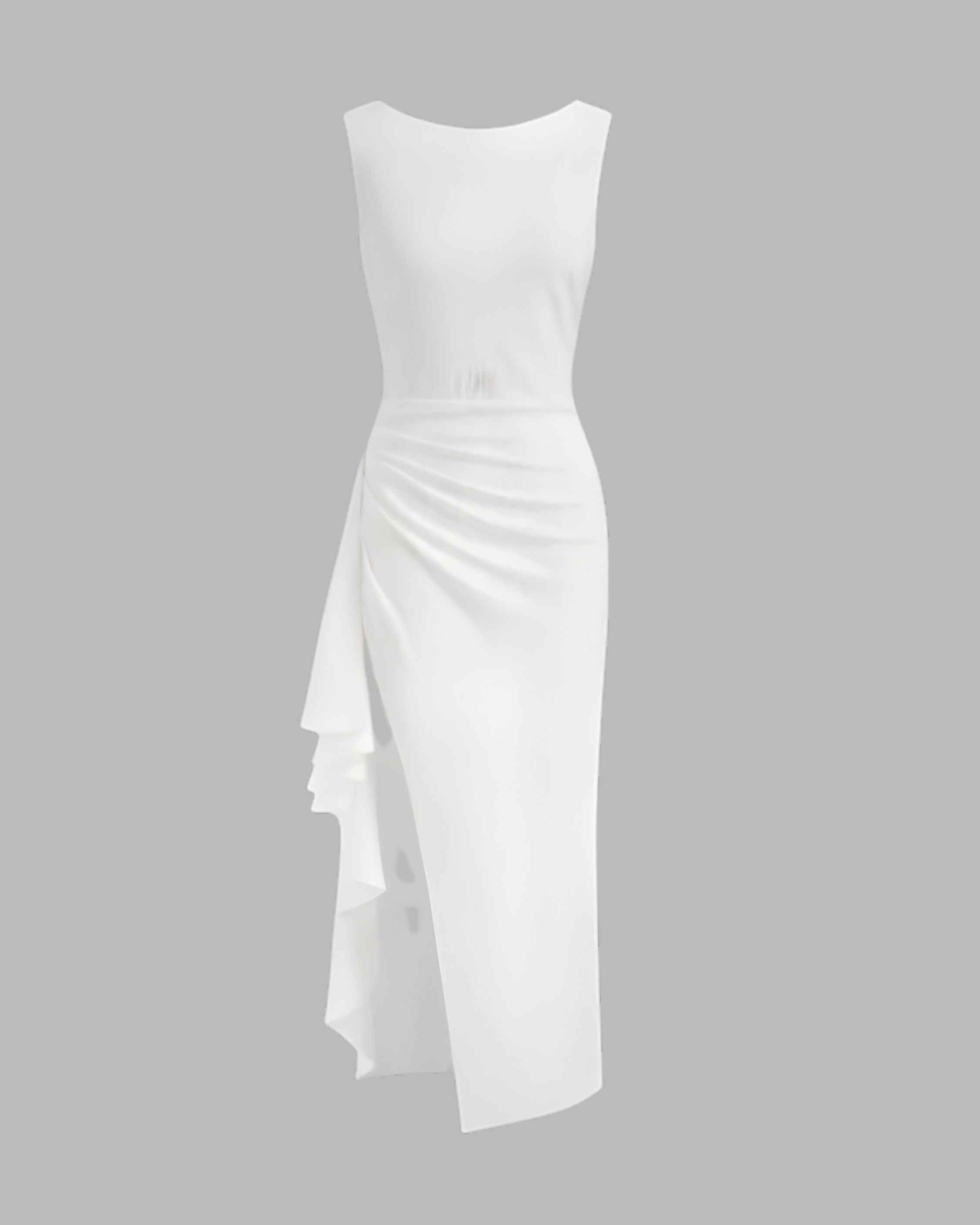 Elegance Backless Boat Neck Ruffle Split Maxi - White