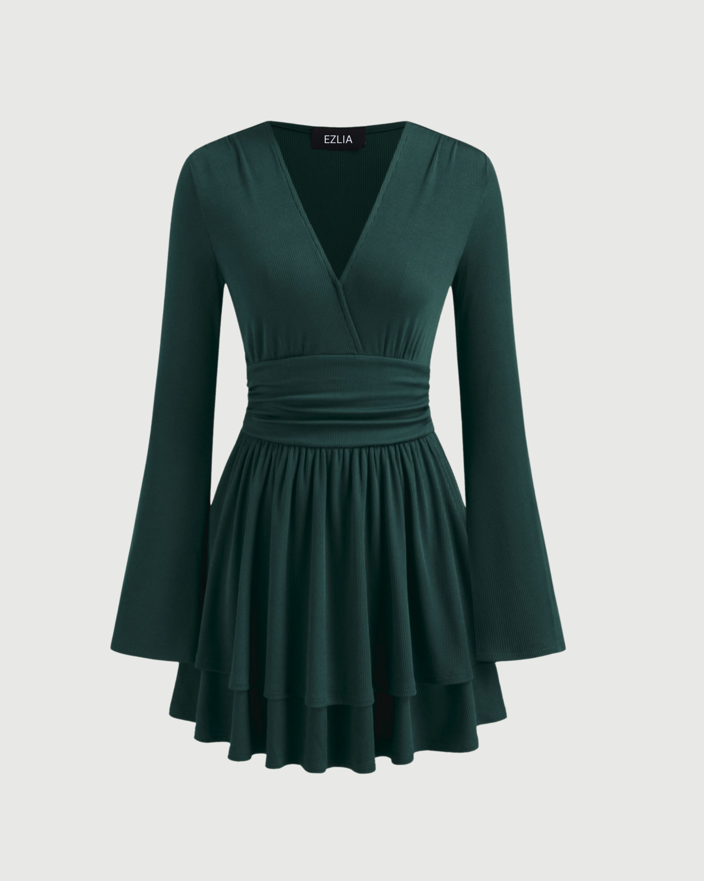 Flirty V-Neck Layered Ruffle Mini Dress-Dark Green