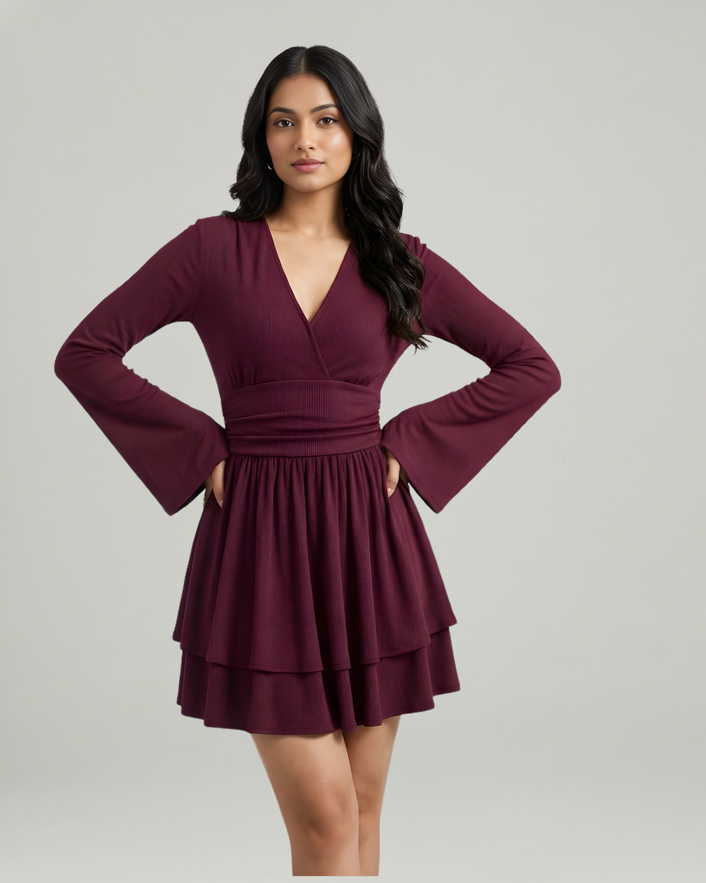 Flirty V-Neck Layered Ruffle Mini Dress-Maroon