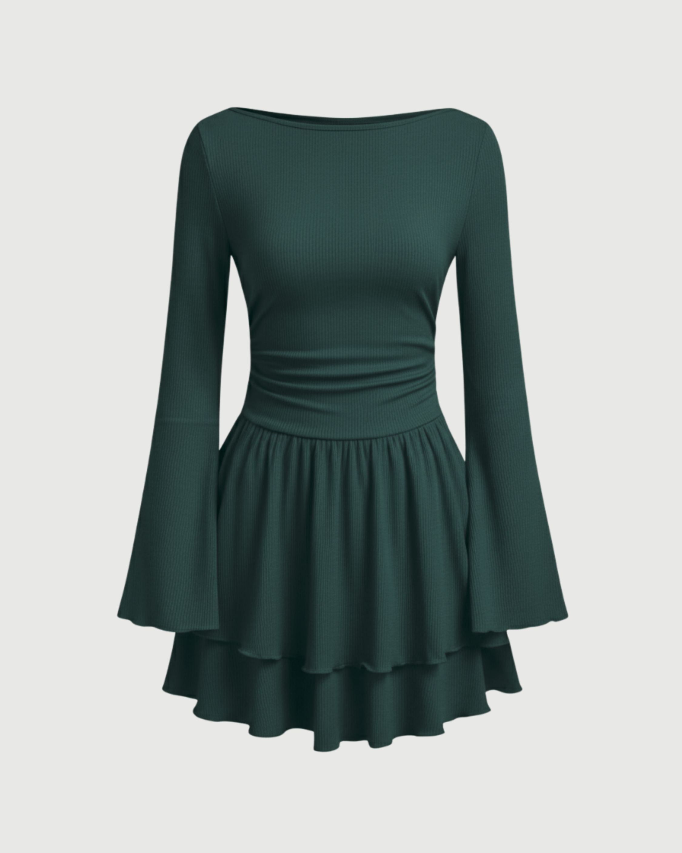 Bohemian Bell Sleeve Layered Mini Dress-Dark Green