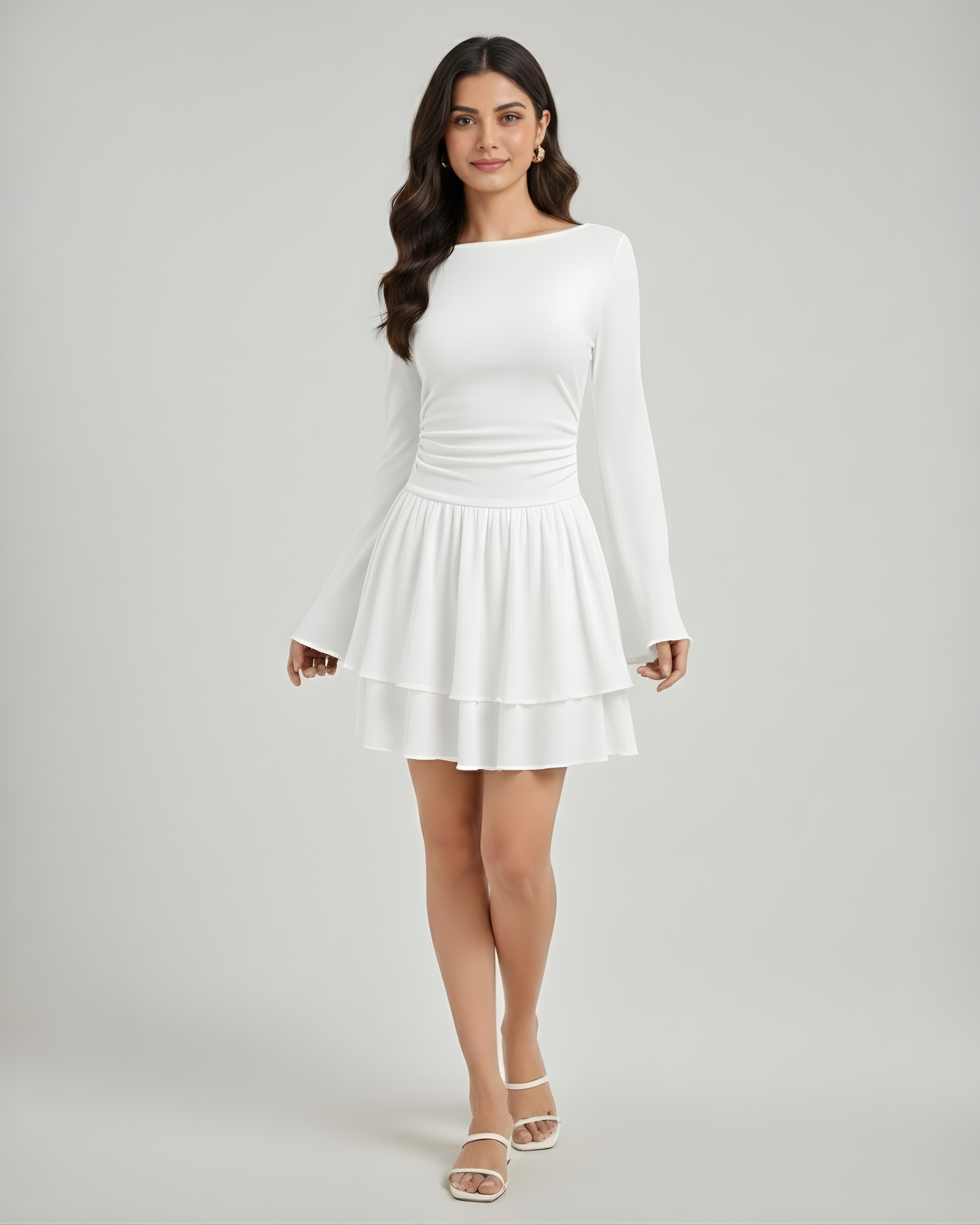 Bohemian Bell Sleeve Layered Mini Dress - White