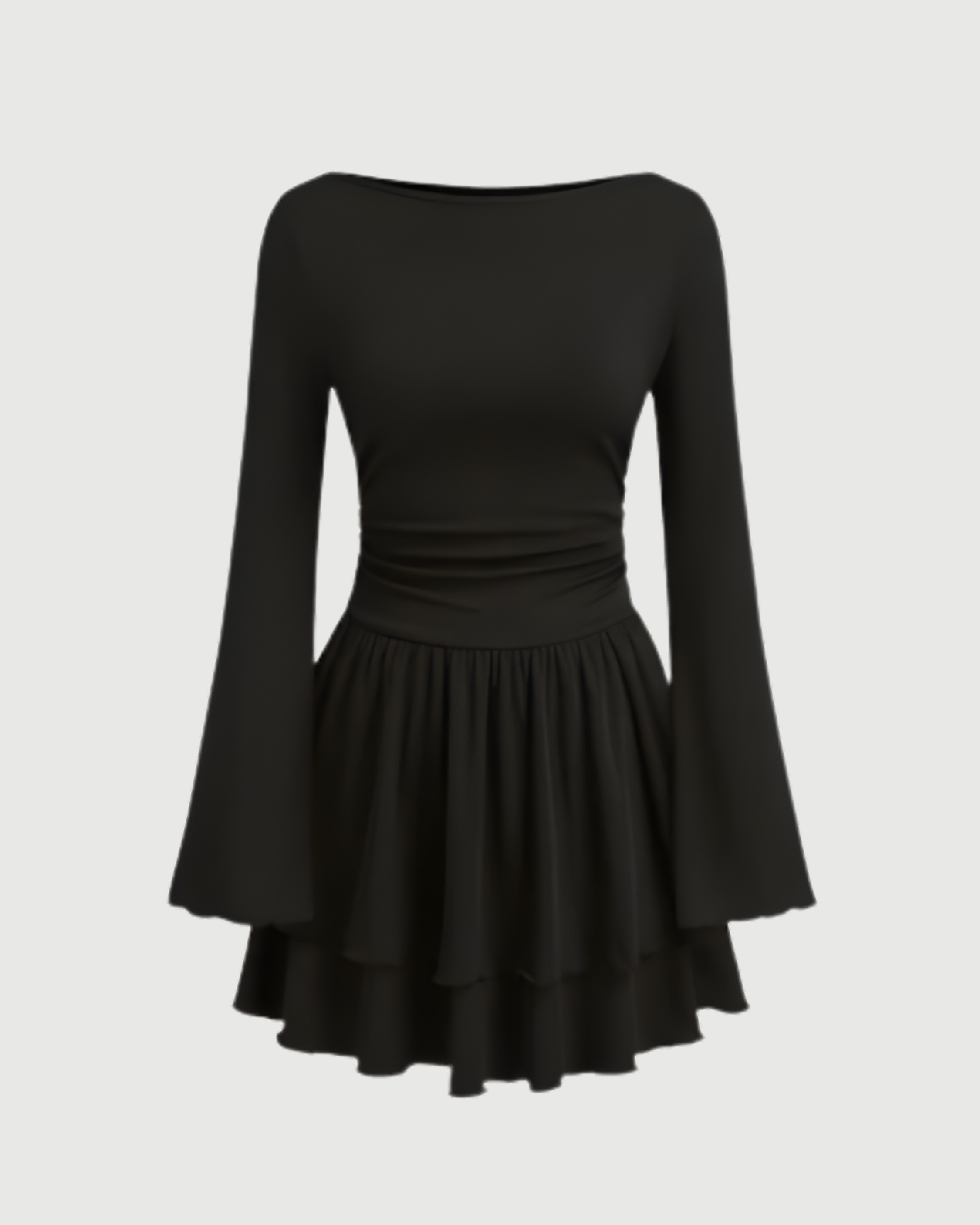 Bohemian Bell Sleeve Layered Mini Dress - Black