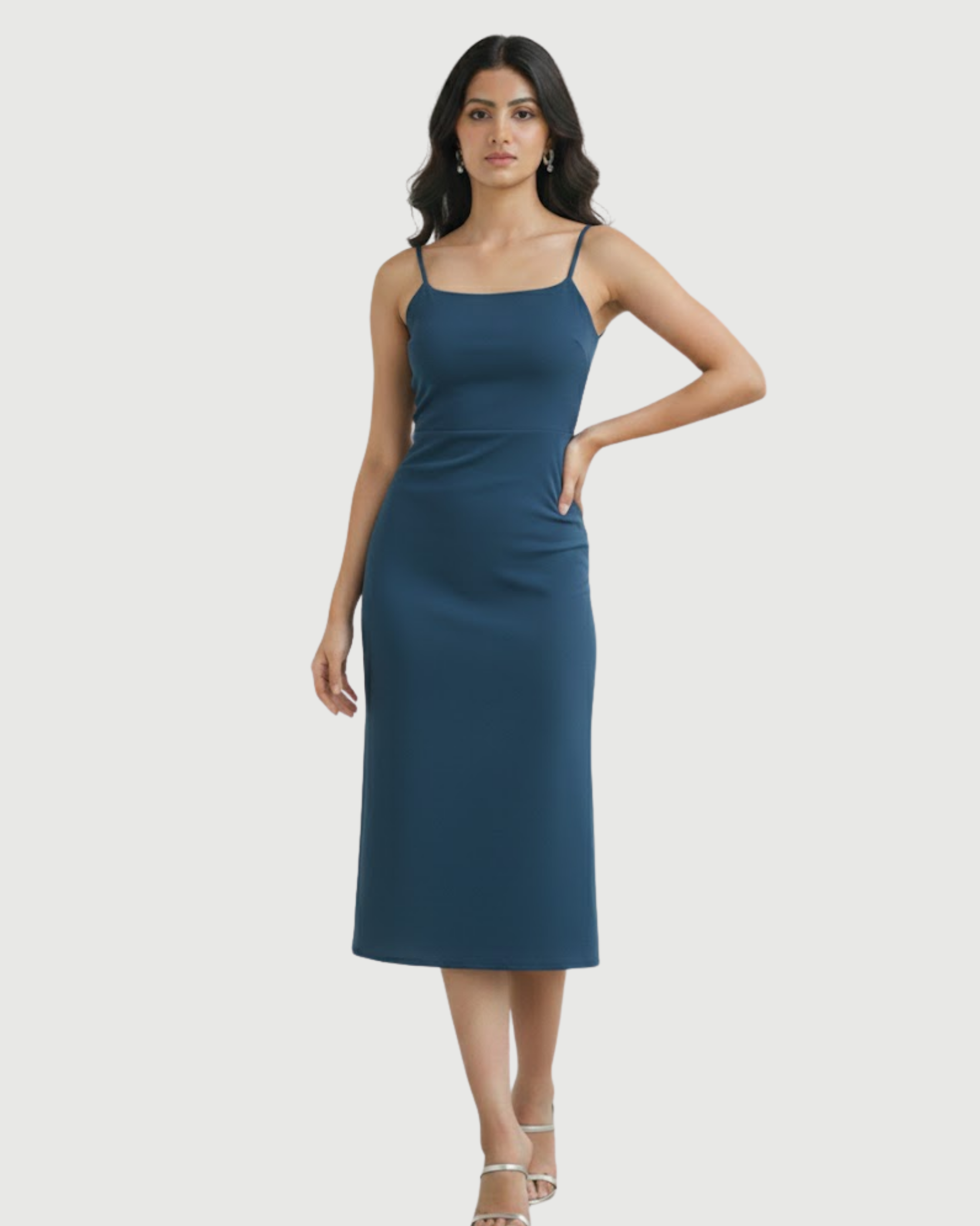 Square Neck Ribbed Ruched Midi Dress-Blue