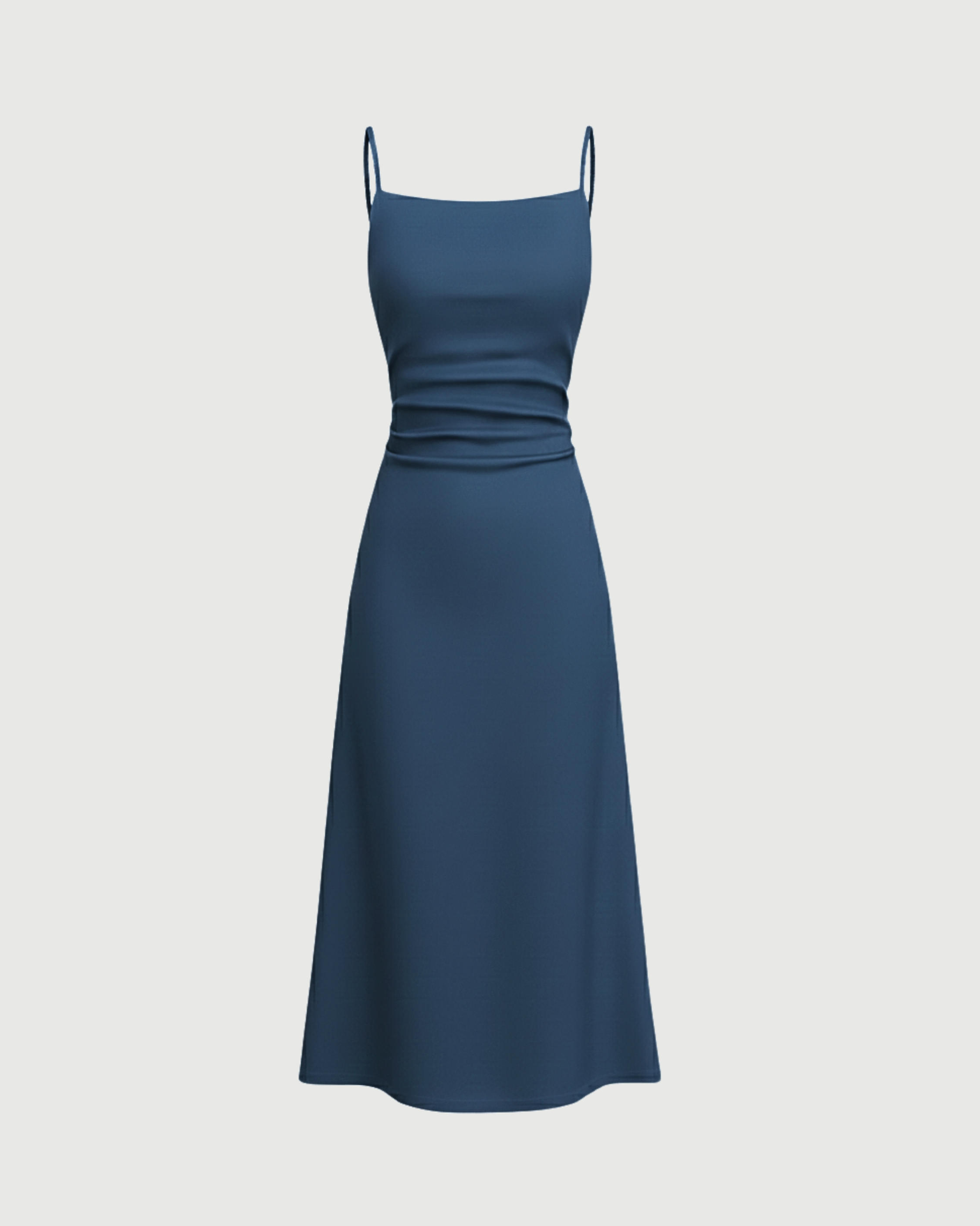 Square Neck Ribbed Ruched Midi Dress-Blue