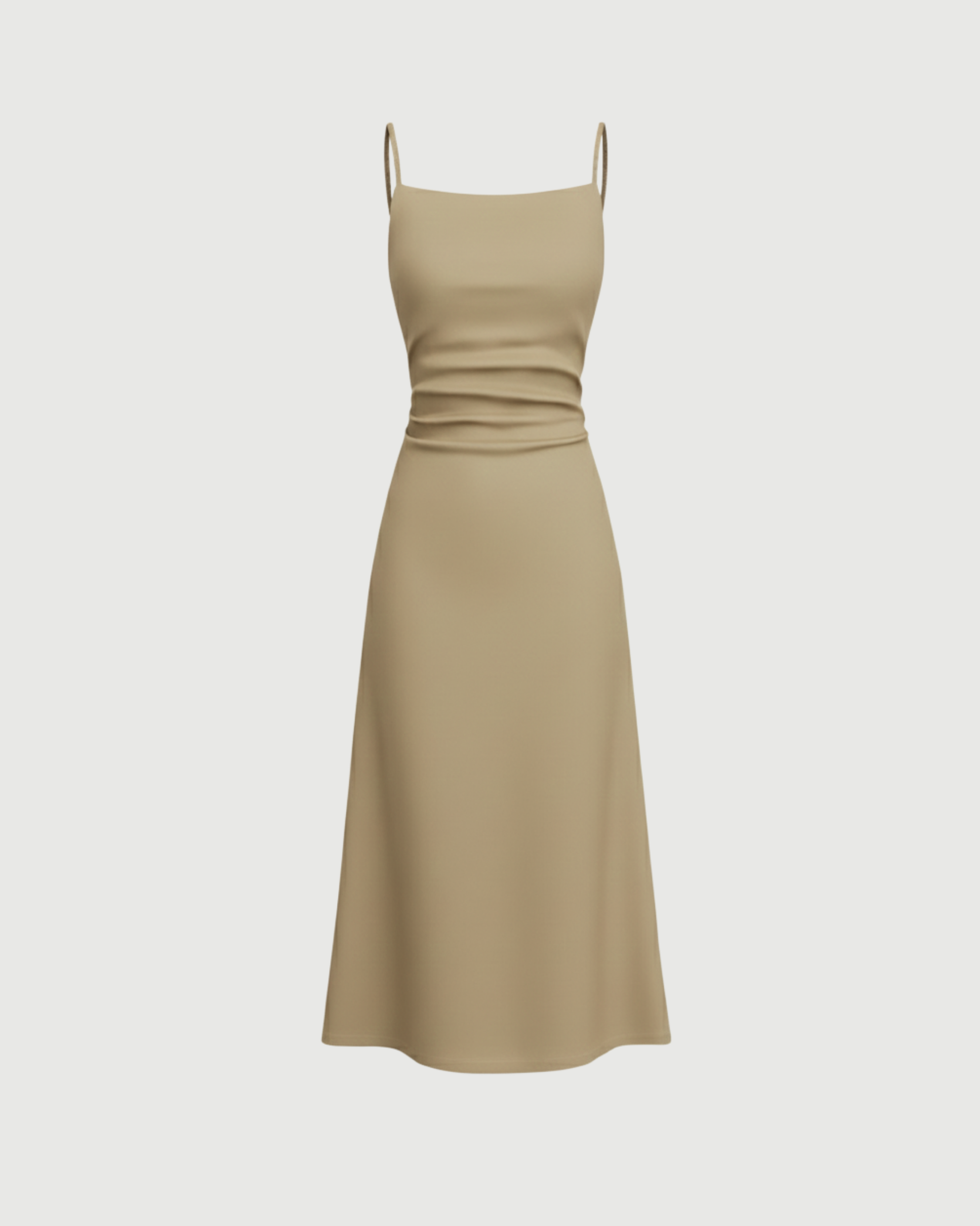 Square Neck Ribbed Ruched Midi Dress-Beige