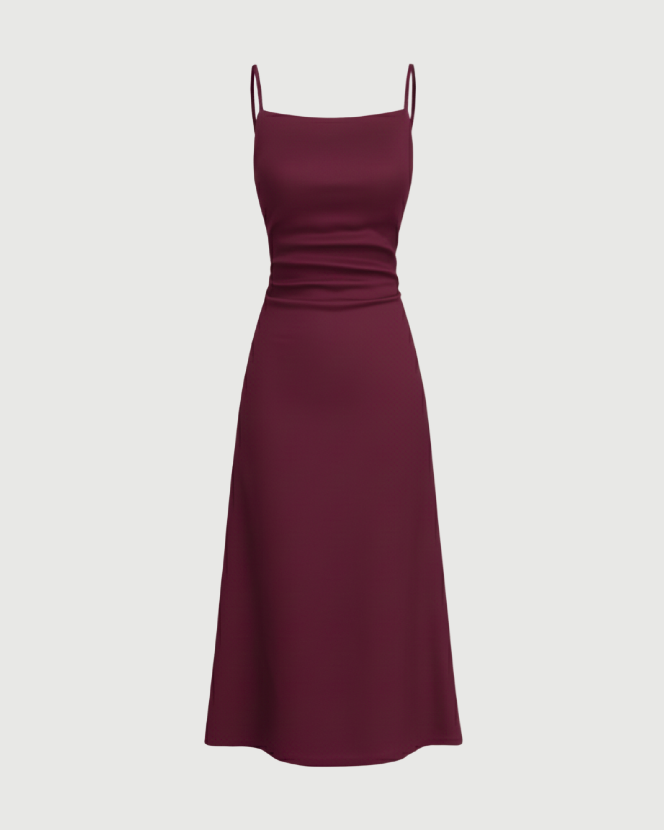 Square Neck Ribbed Ruched Midi Dress-Maroon