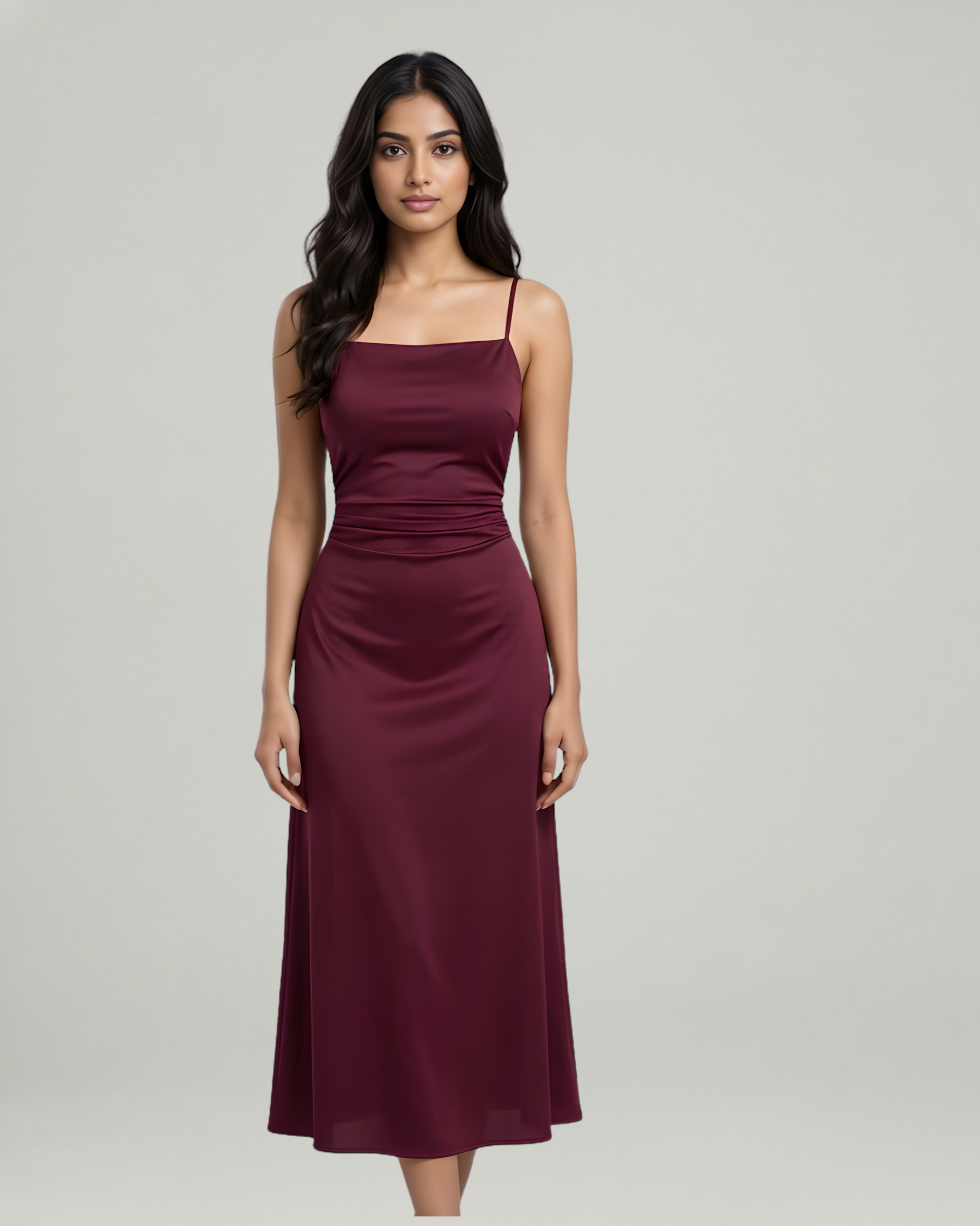 Square Neck Ribbed Ruched Midi Dress-Maroon