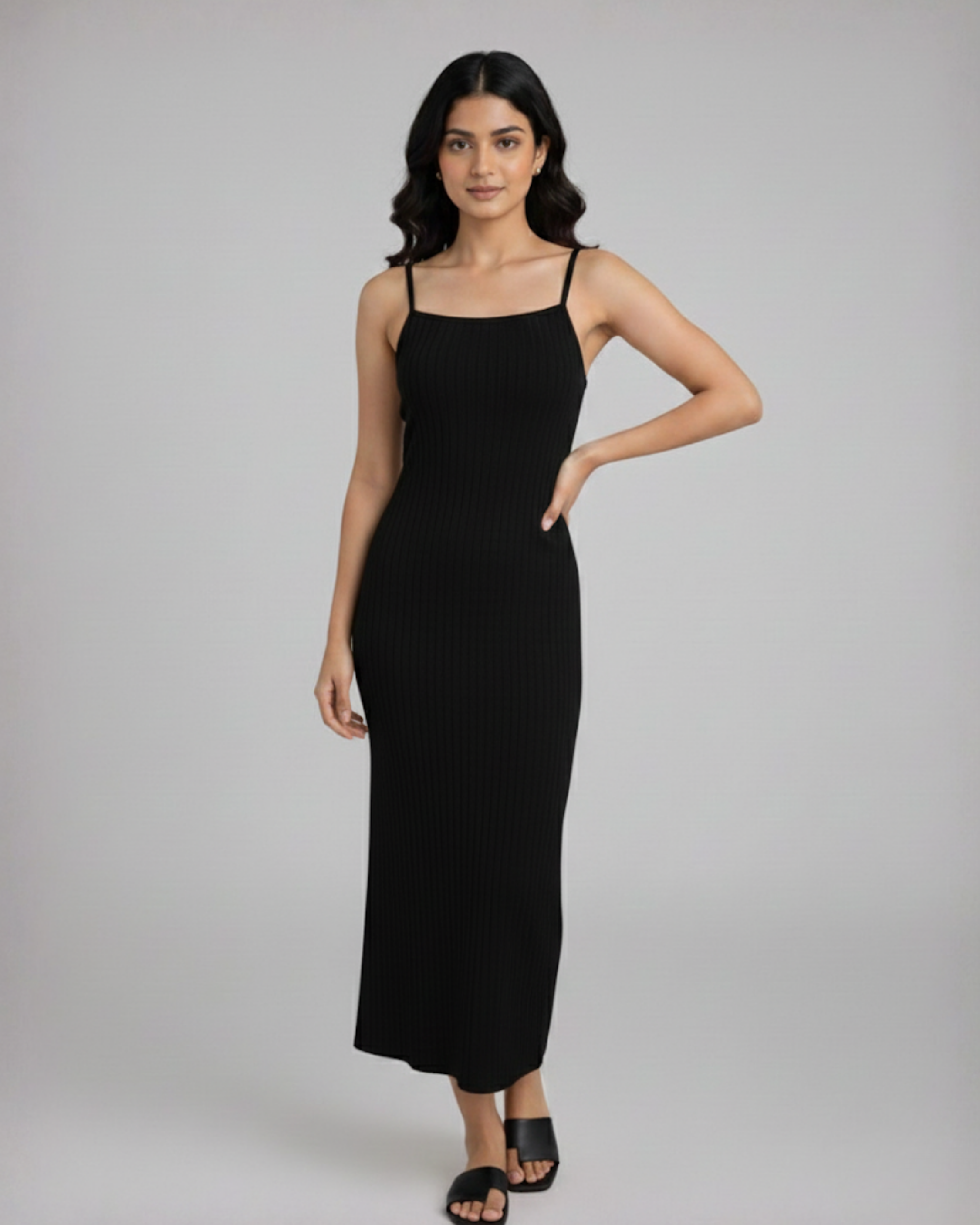 Square Neck Ribbed Ruched Midi Dress - Black