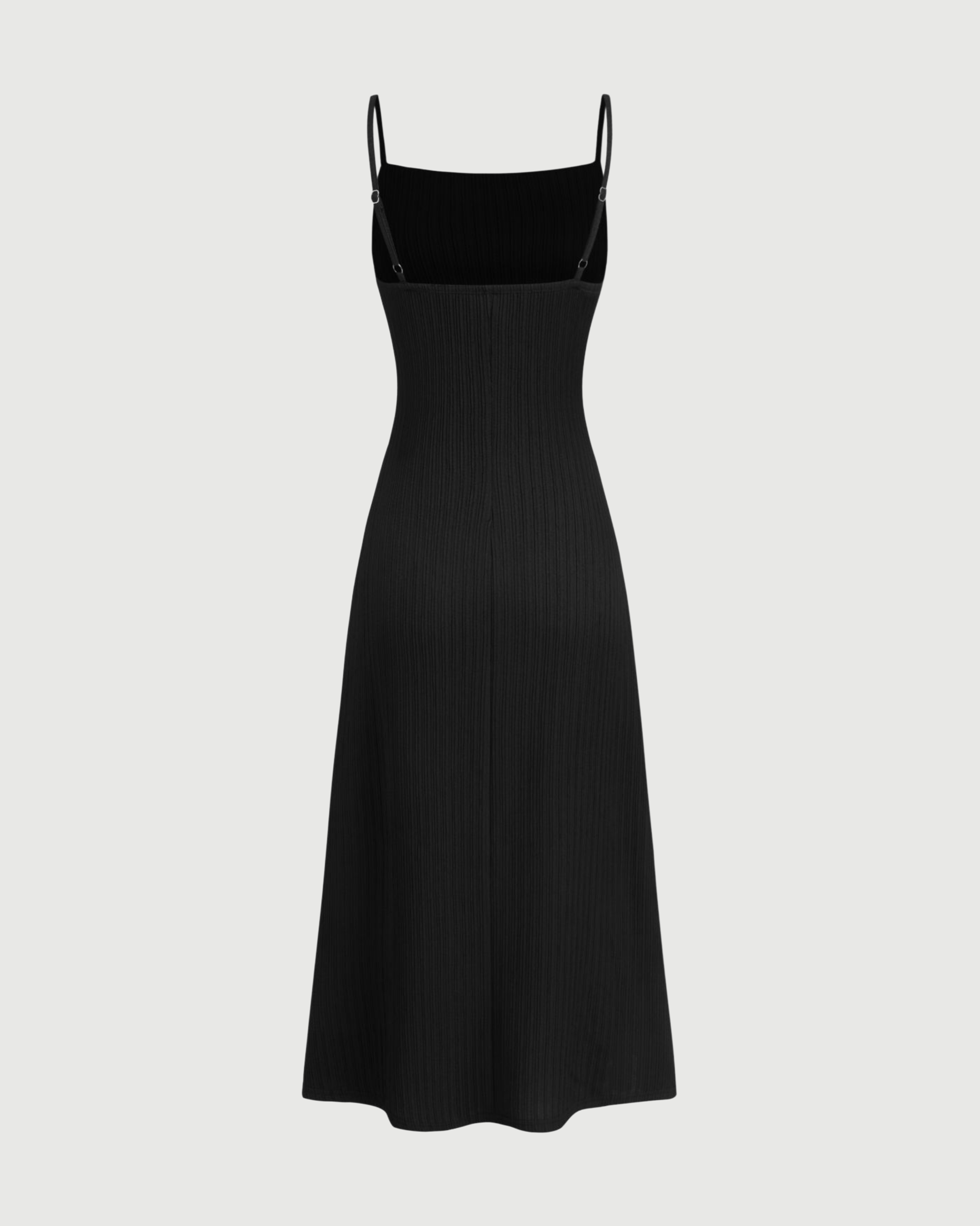 Square Neck Ribbed Ruched Midi Dress - Black