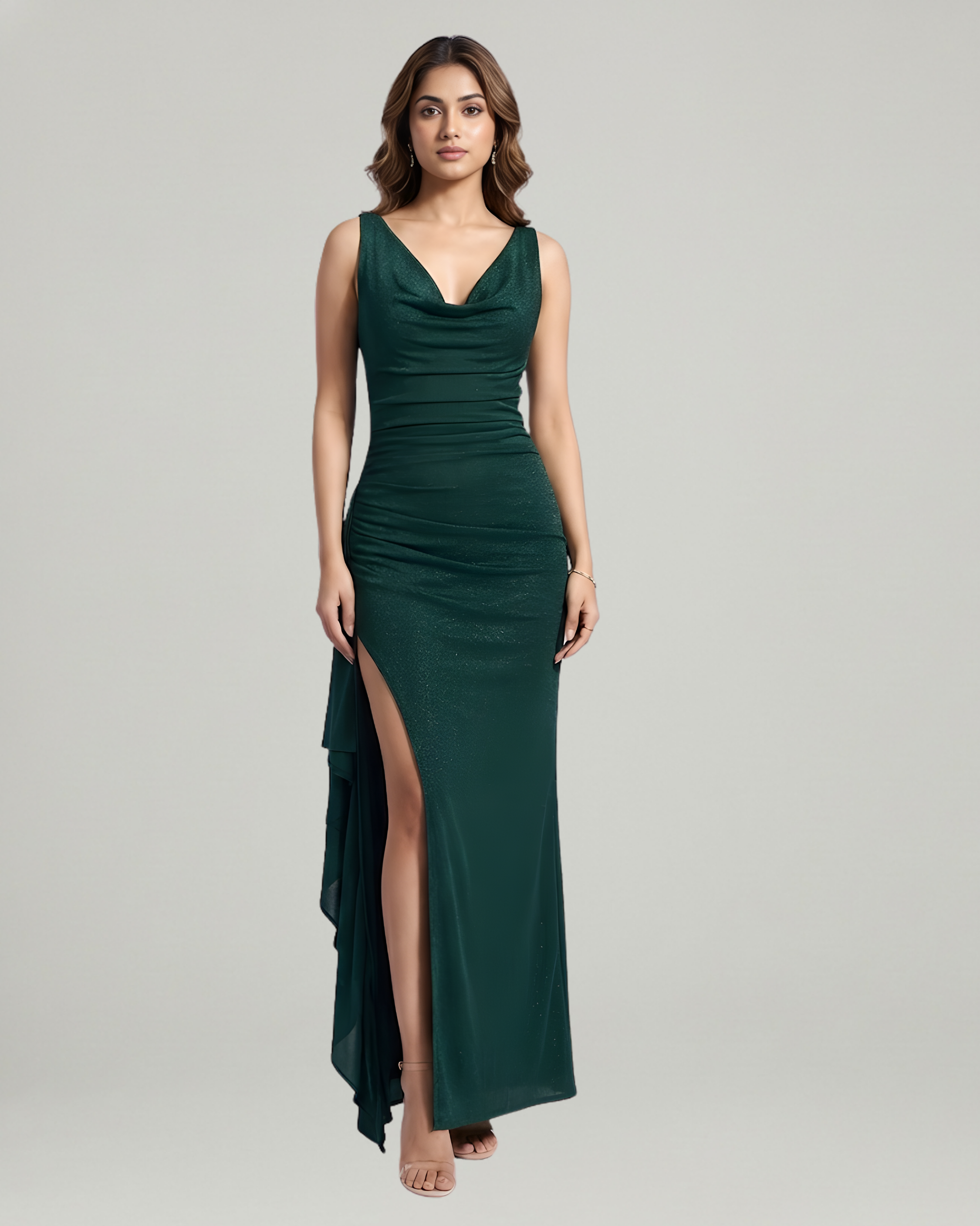 Glamorous Cowl Back Split Hem Maxi-Dark Green