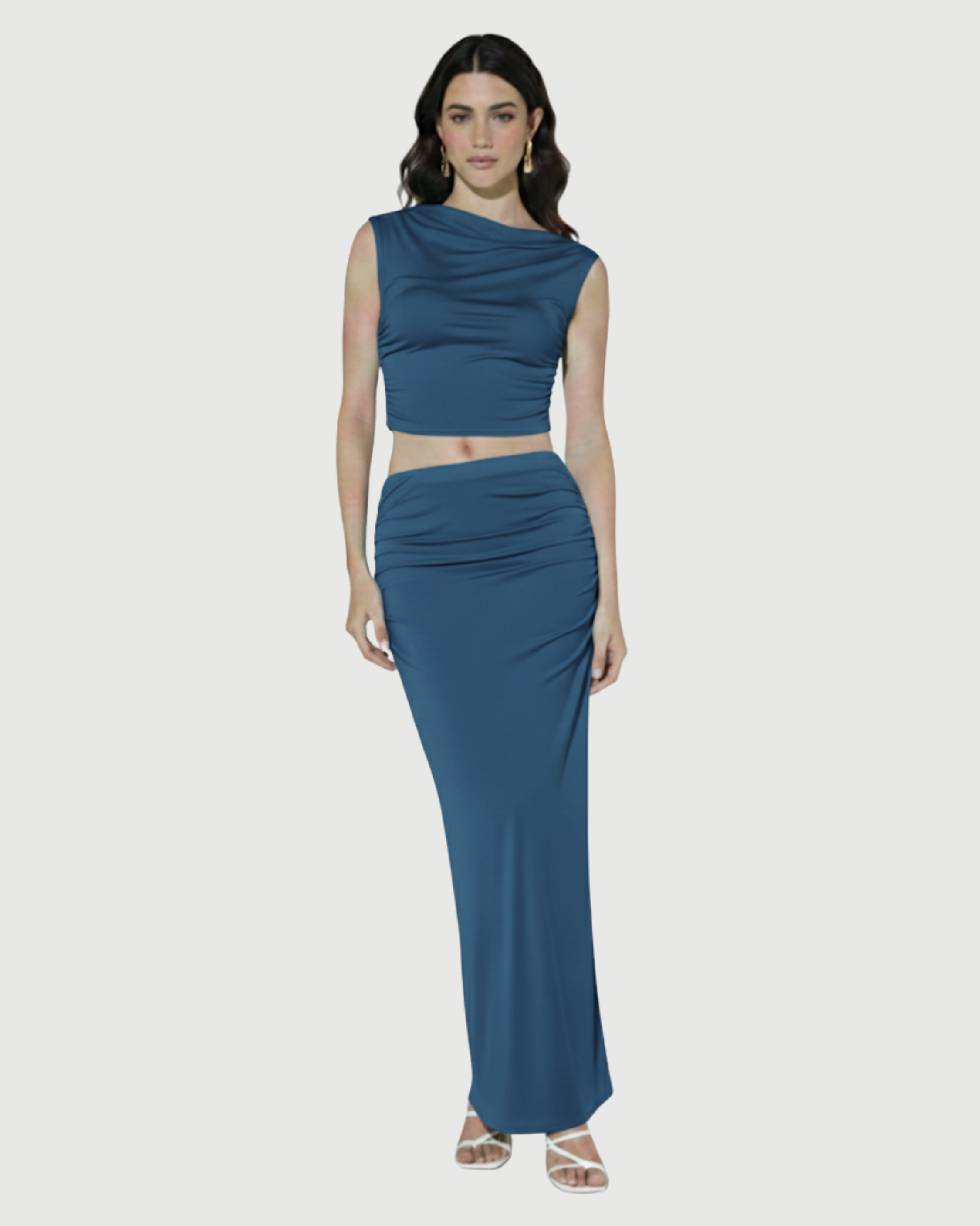 Two-Piece Asymmetrical Ruched Crop & Maxi Skirt Set-Blue