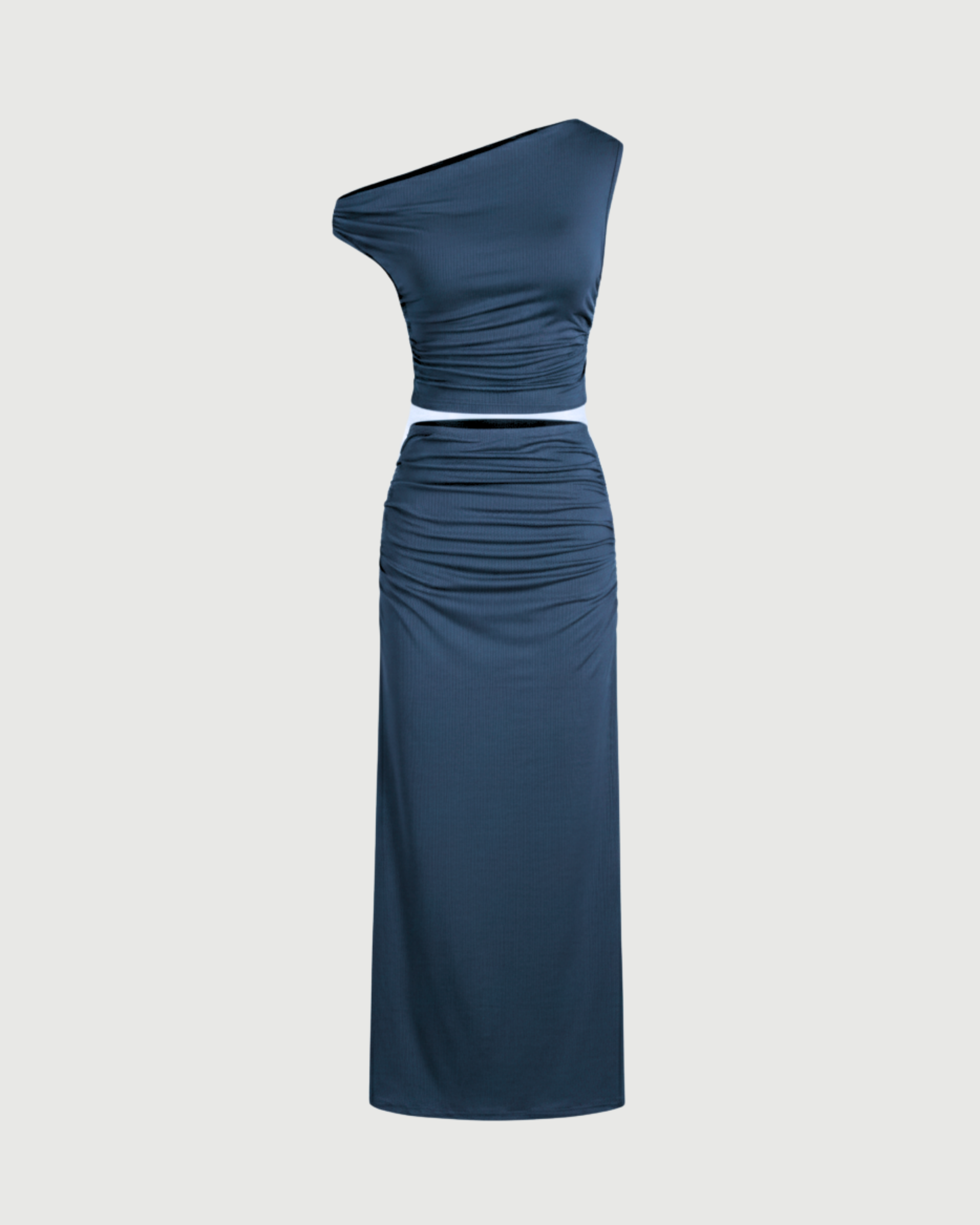 Two-Piece Asymmetrical Ruched Crop & Maxi Skirt Set-Blue