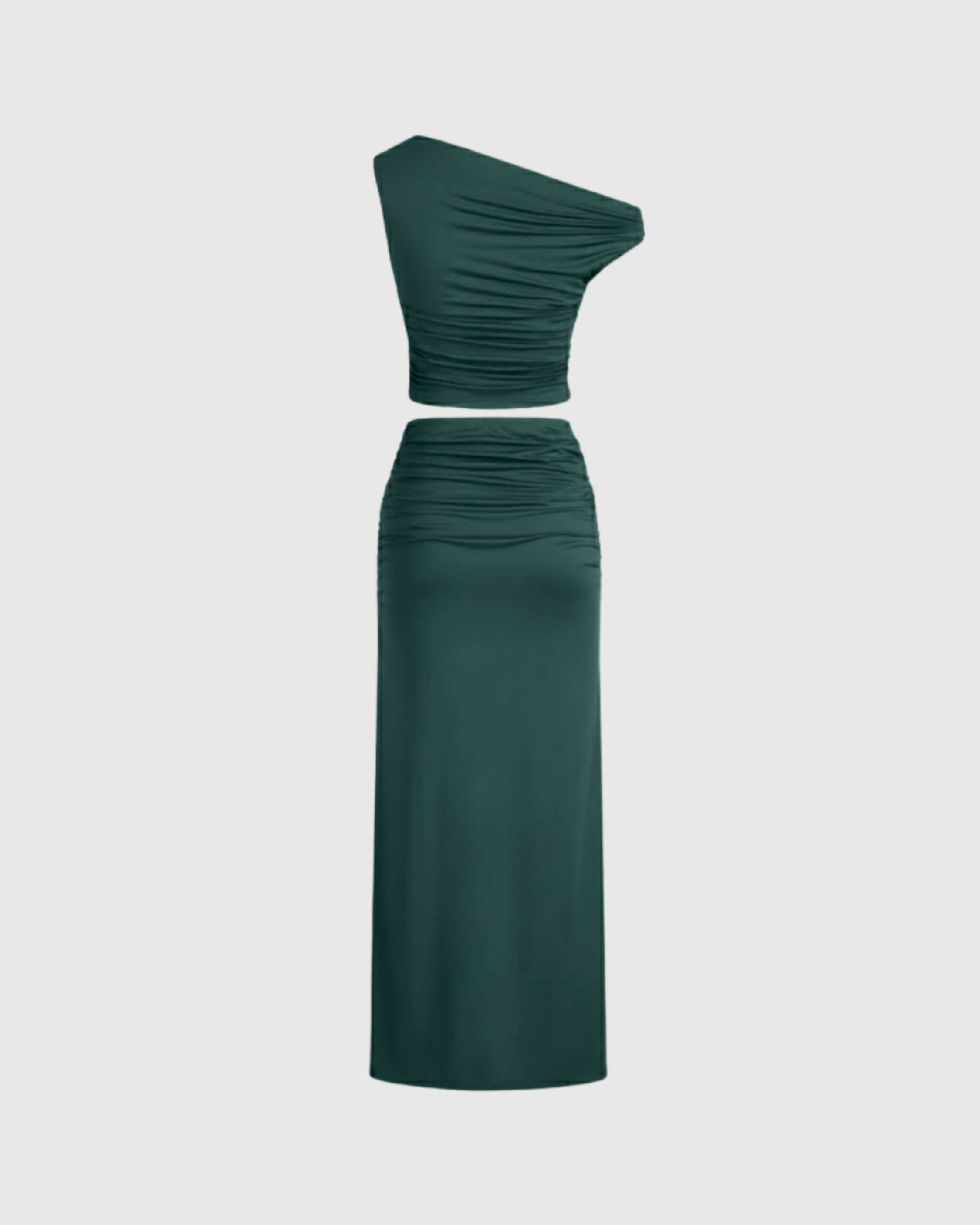 Two-Piece Asymmetrical Ruched Crop & Maxi Skirt Set-Dark Green