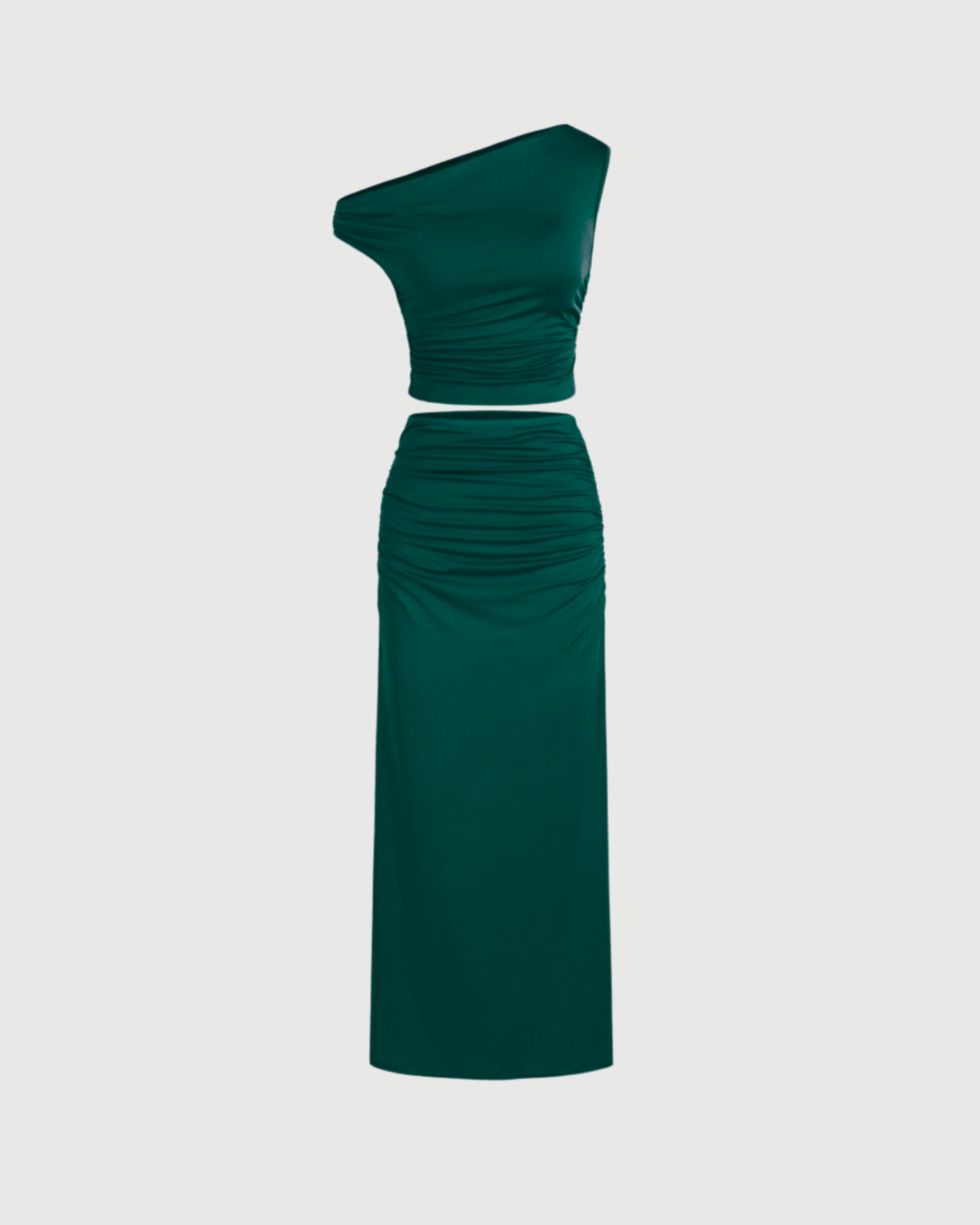 Two-Piece Asymmetrical Ruched Crop & Maxi Skirt Set-Dark Green