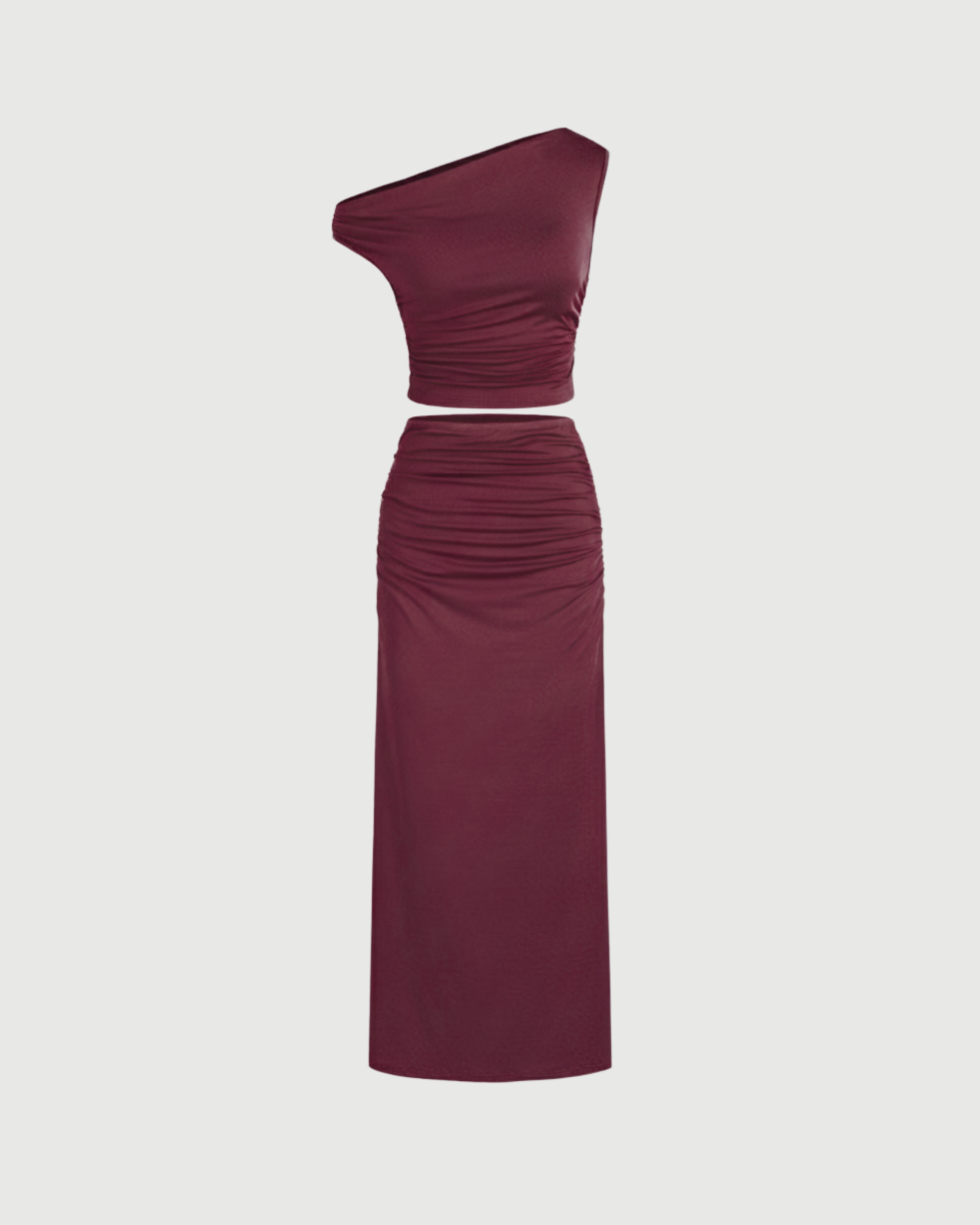 Two-Piece Asymmetrical Ruched Crop & Maxi Skirt Set-Maroon