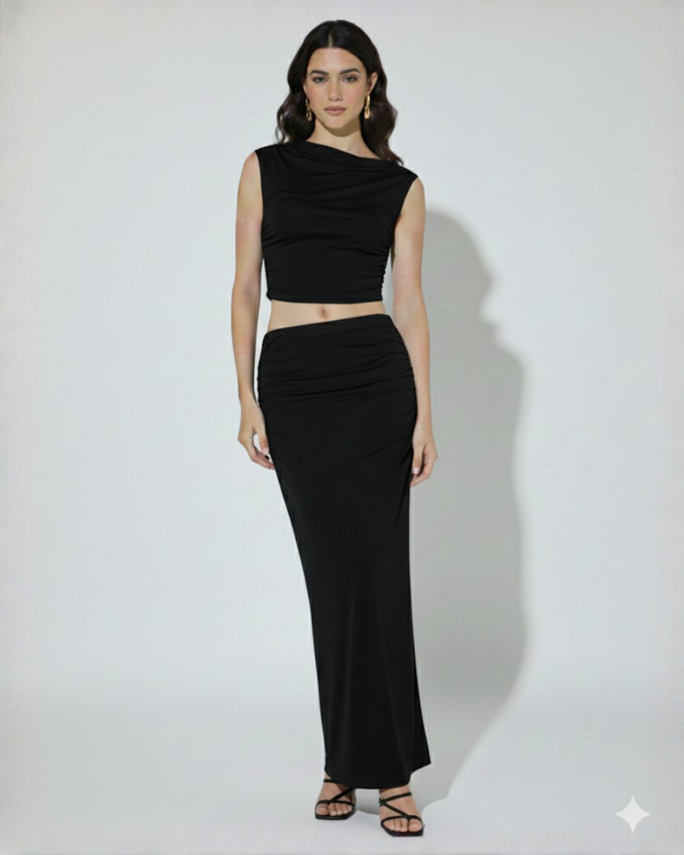 Two-Piece Asymmetrical Ruched Crop & Maxi Skirt Set - Black