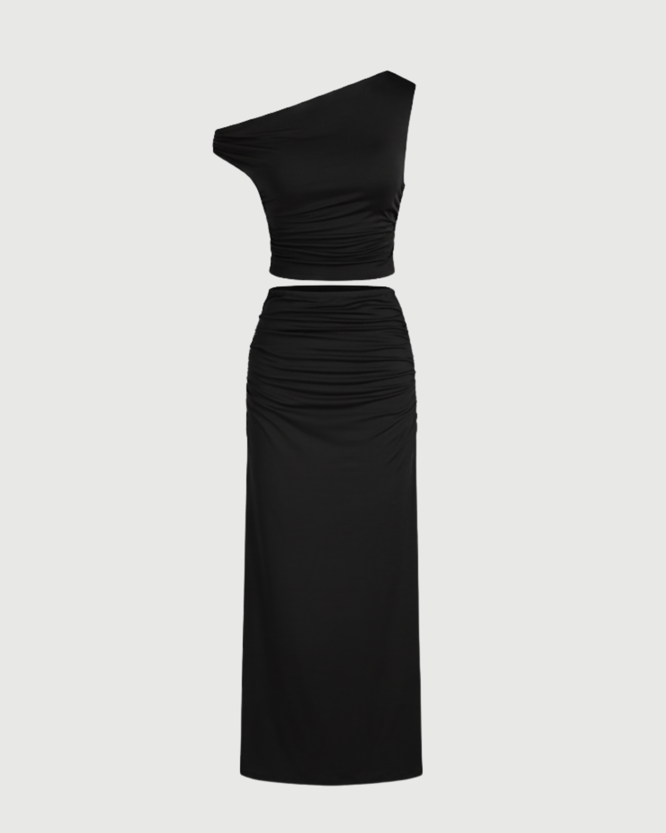 Two-Piece Asymmetrical Ruched Crop & Maxi Skirt Set - Black