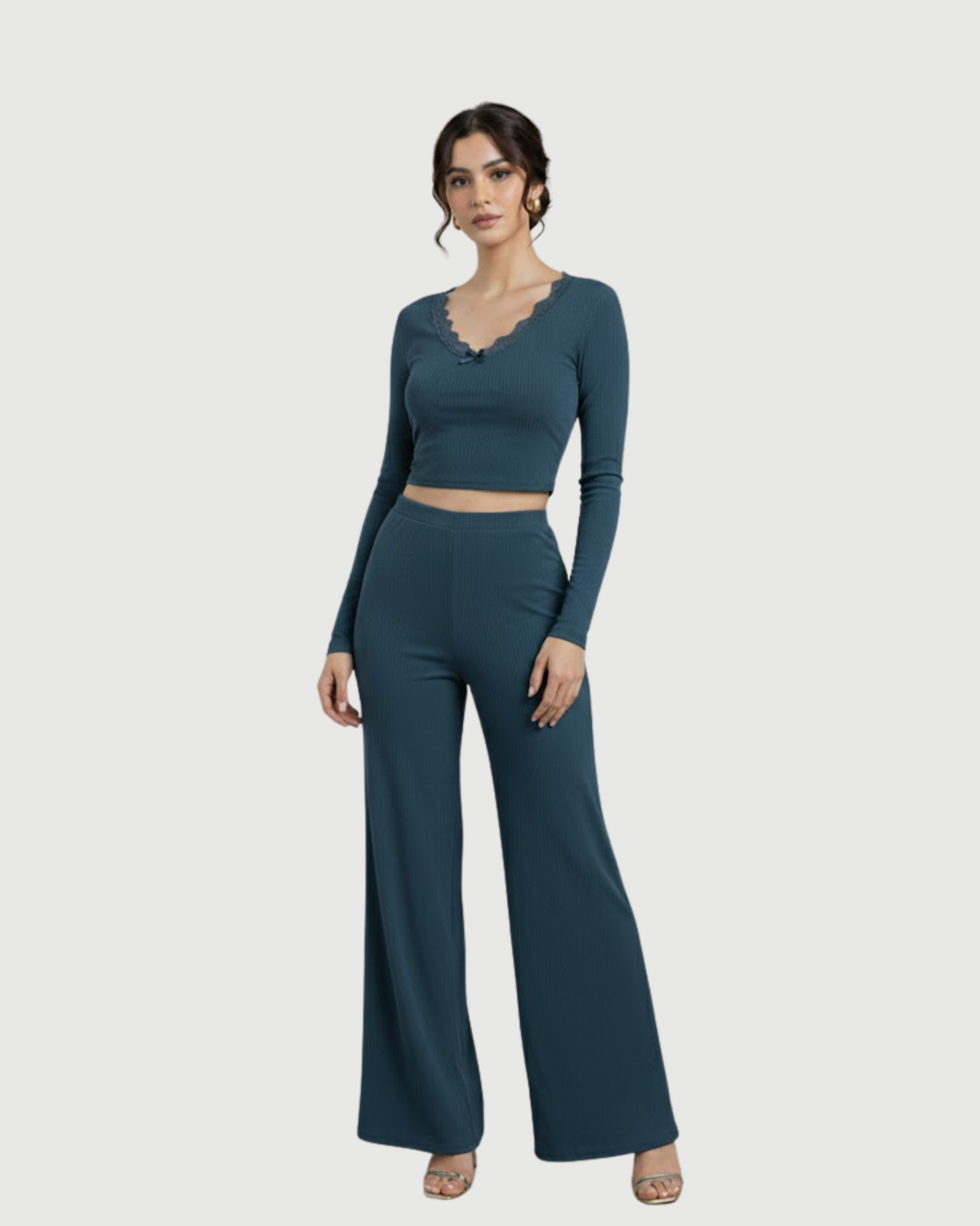 Lace Crop Top & Wide Leg Pant Set-Blue