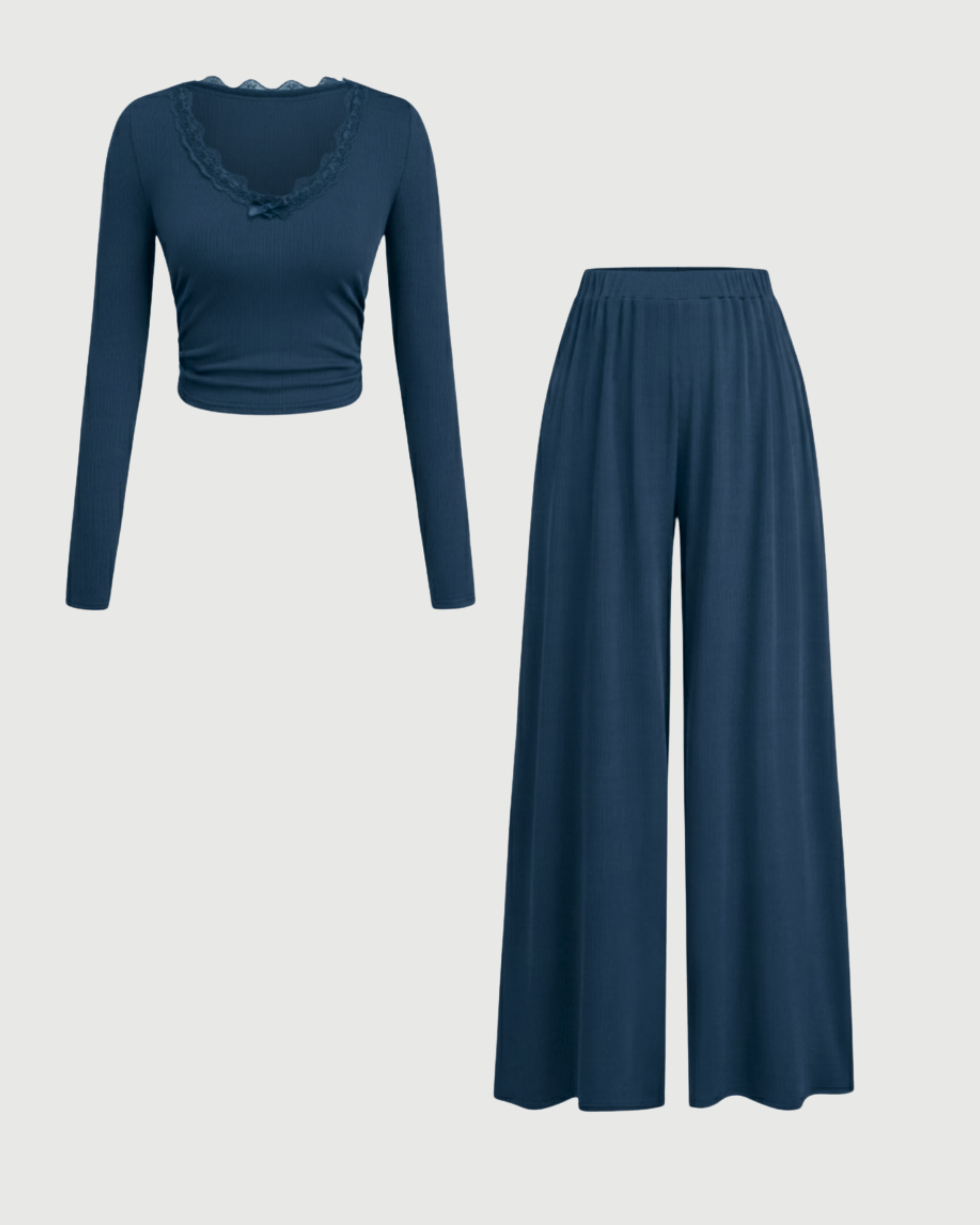 Lace Crop Top & Wide Leg Pant Set-Blue