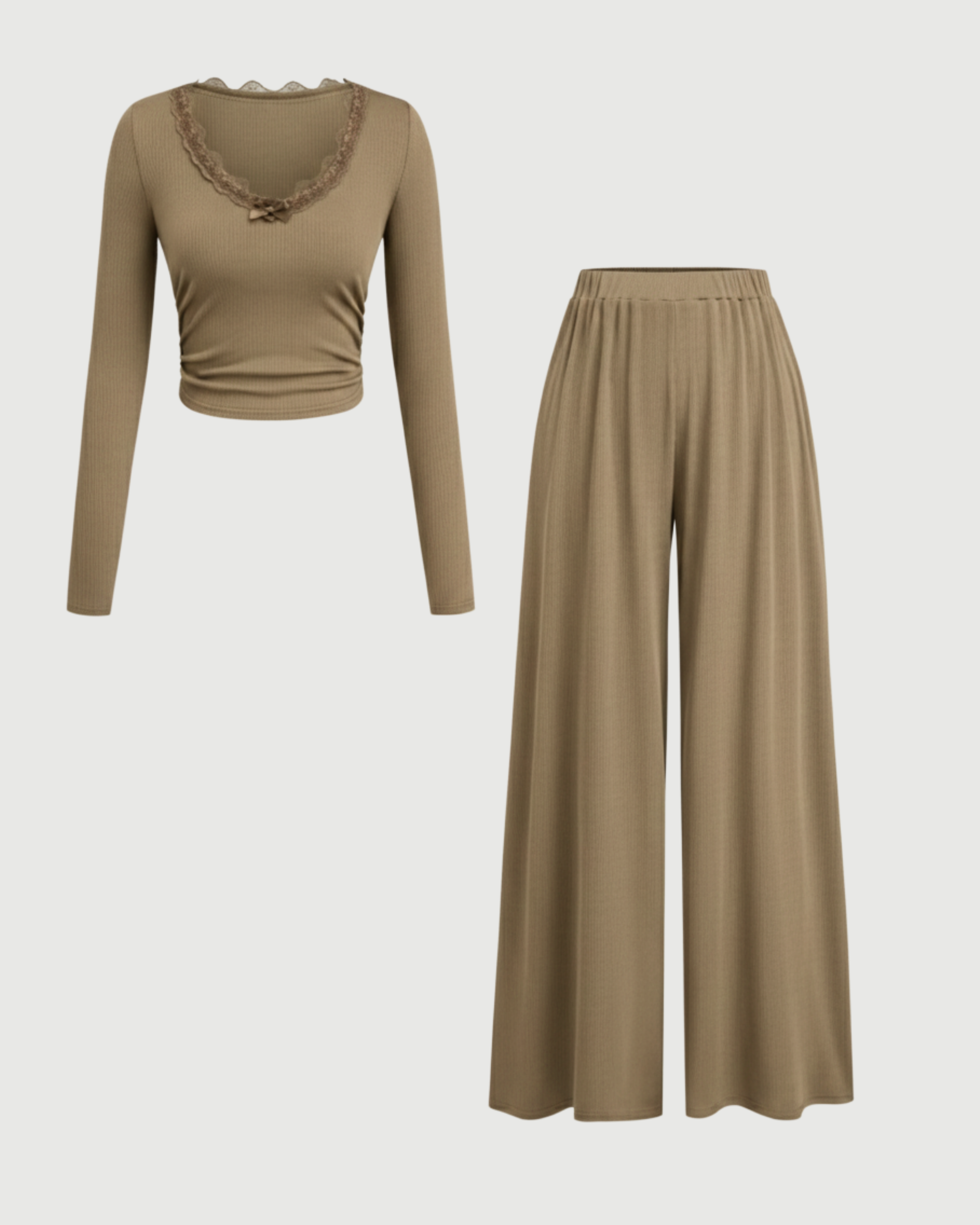 Lace Crop Top & Wide Leg Pant Set-Cream