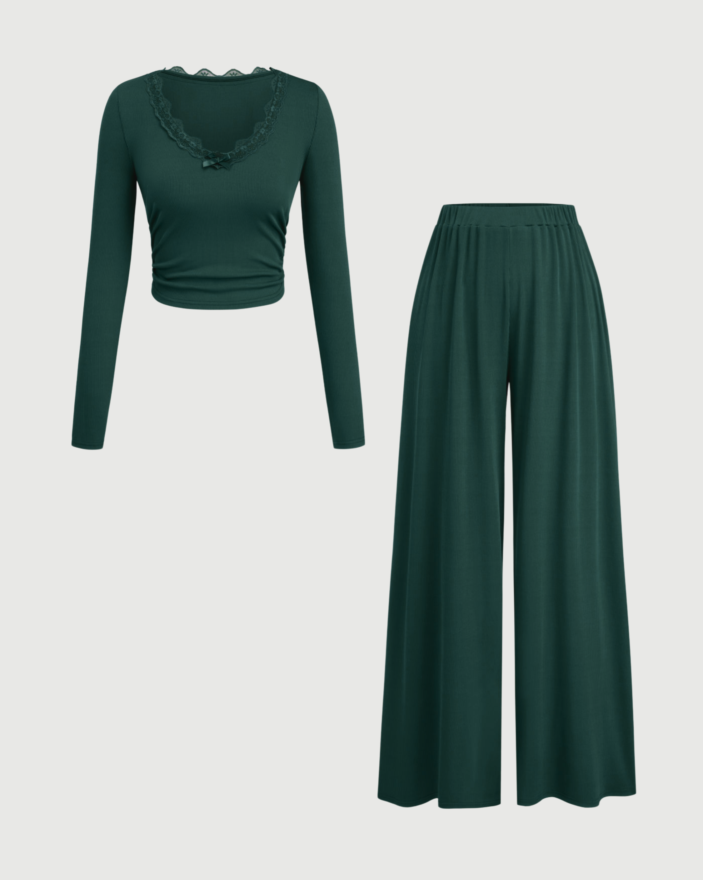 Lace Crop Top & Wide Leg Pant Set-Dark Green