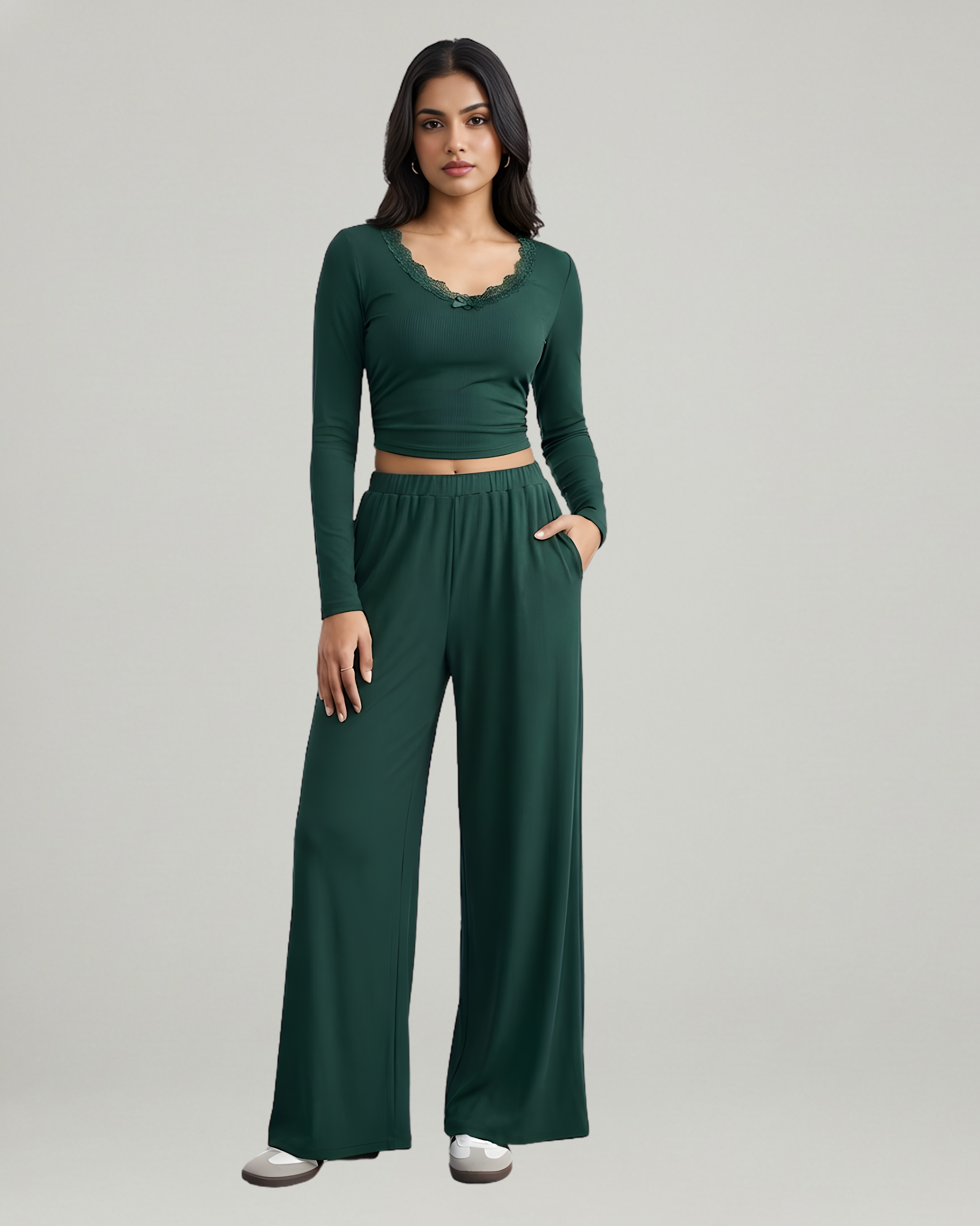 Lace Crop Top & Wide Leg Pant Set-Dark Green