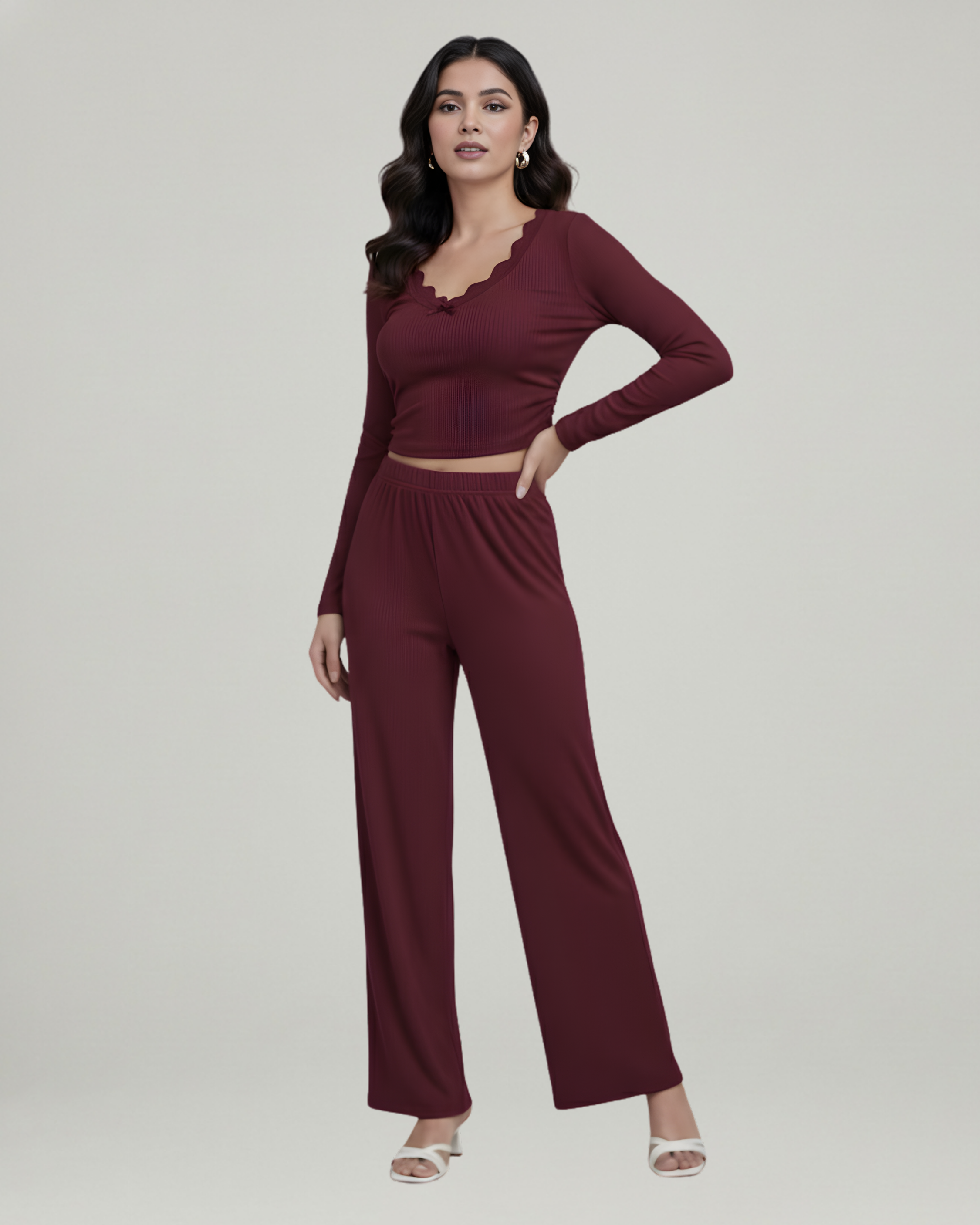 Lace Crop Top & Wide Leg Pant Set-Maroon