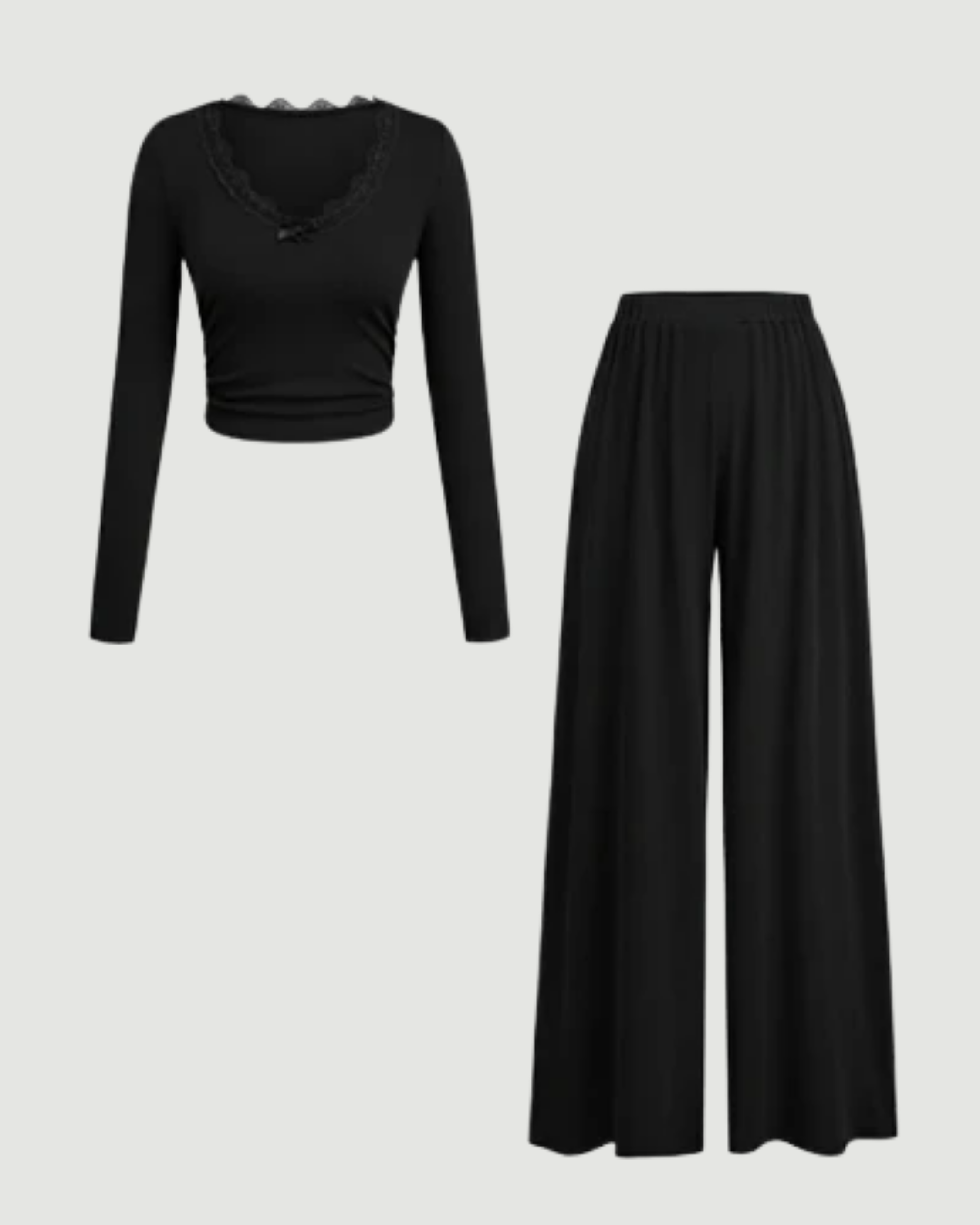 Lace Crop Top & Wide Leg Pant Set - Black