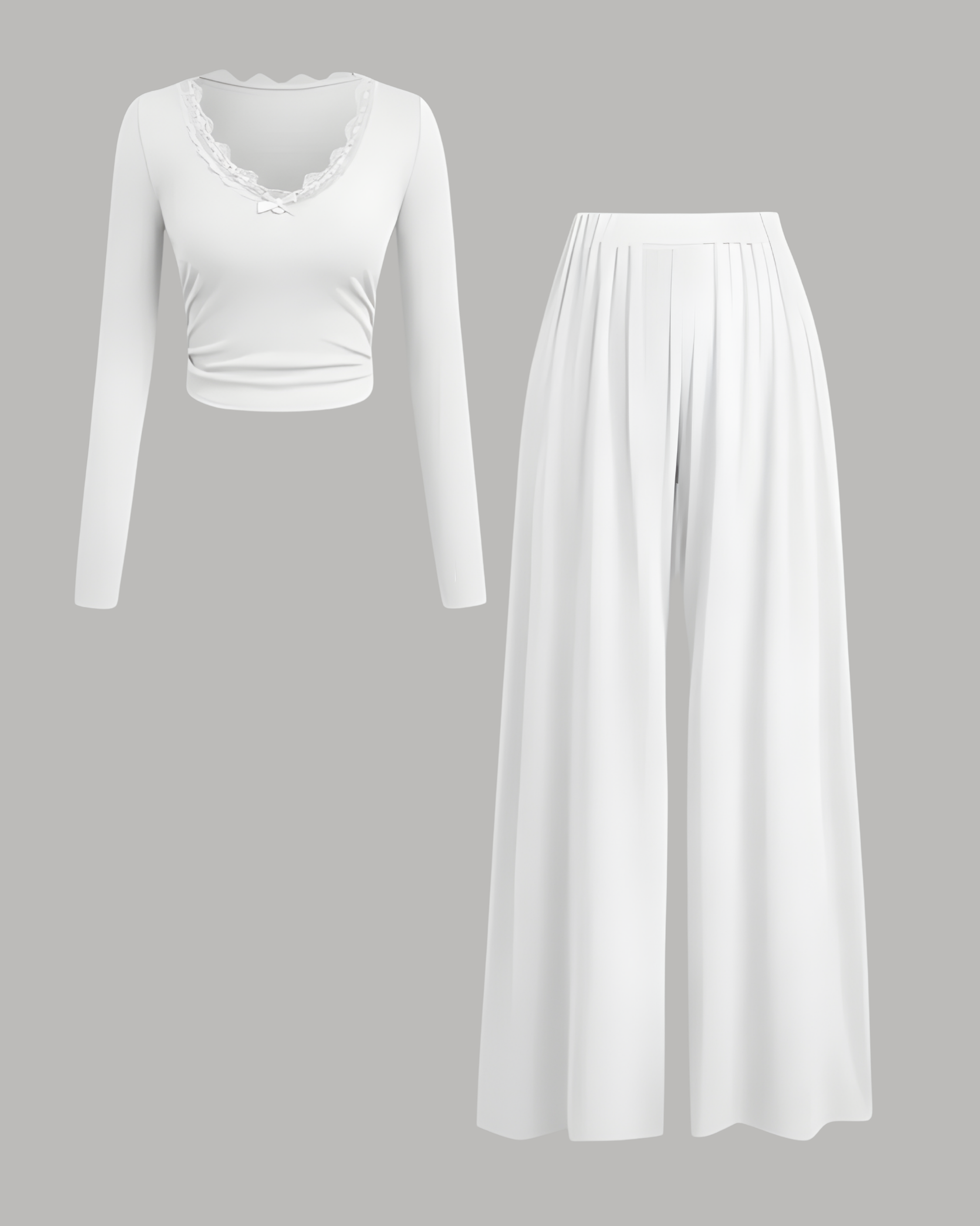 Lace Crop Top & Wide Leg Pant Set - White