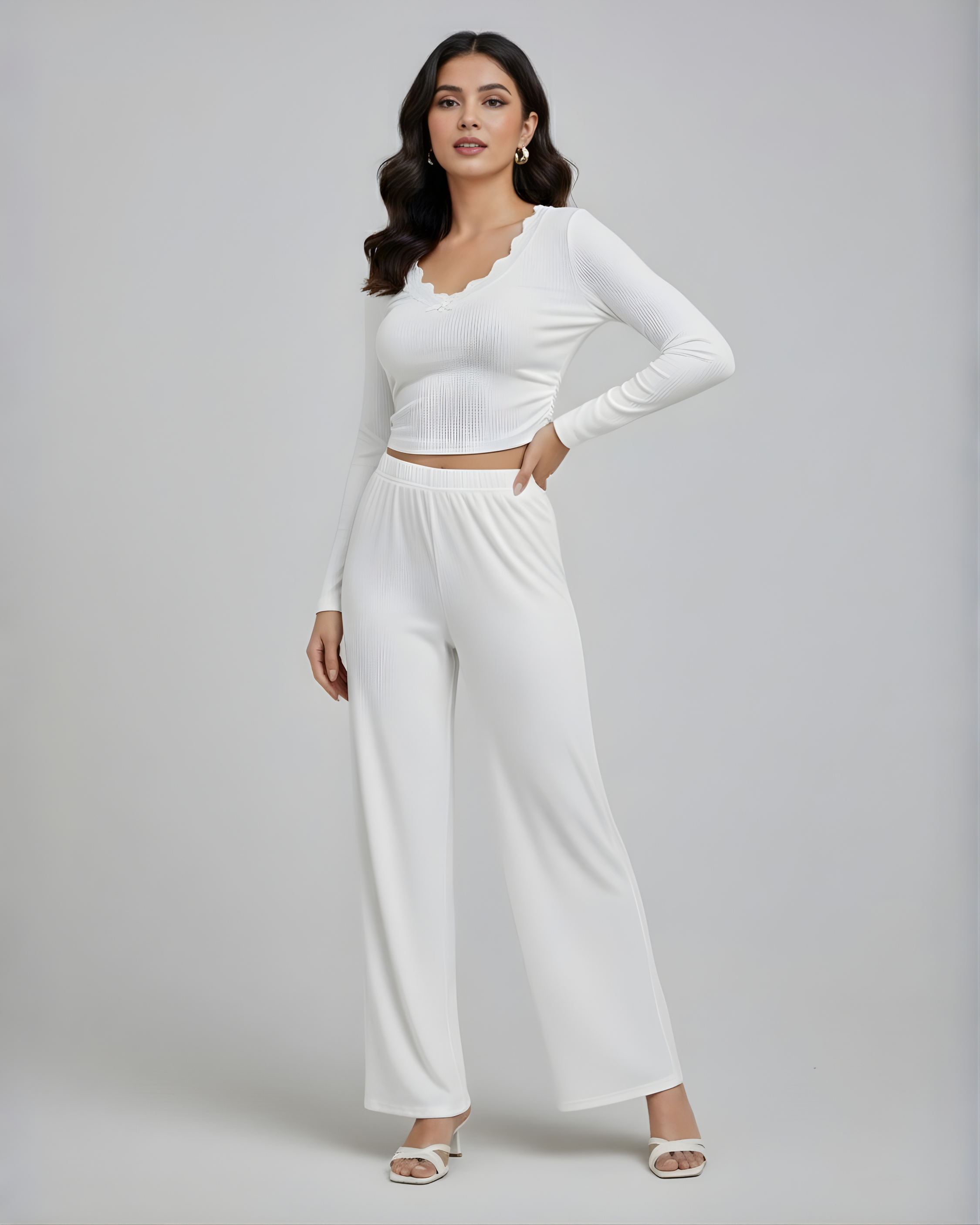 Lace Crop Top & Wide Leg Pant Set - White