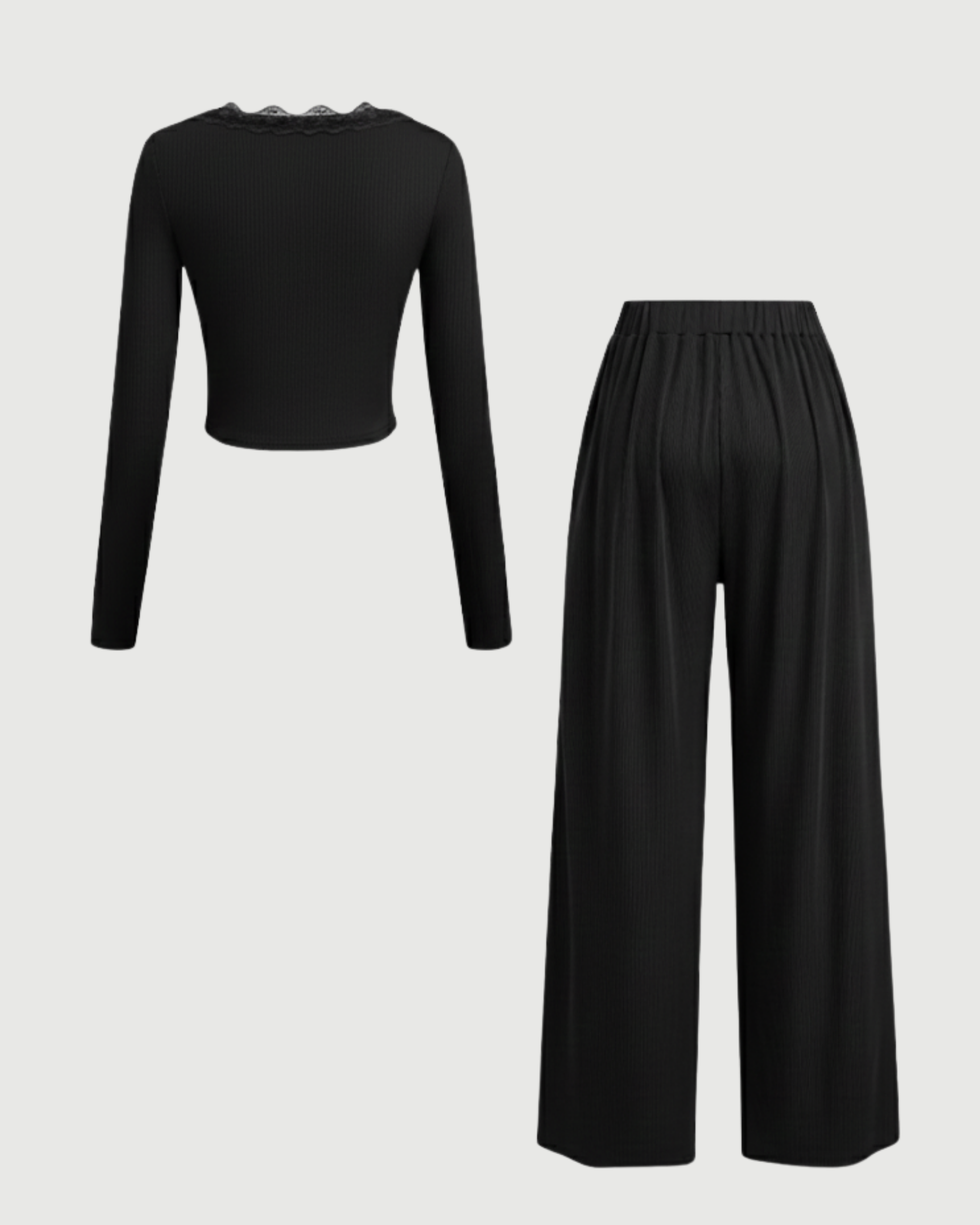 Lace Crop Top & Wide Leg Pant Set - Black