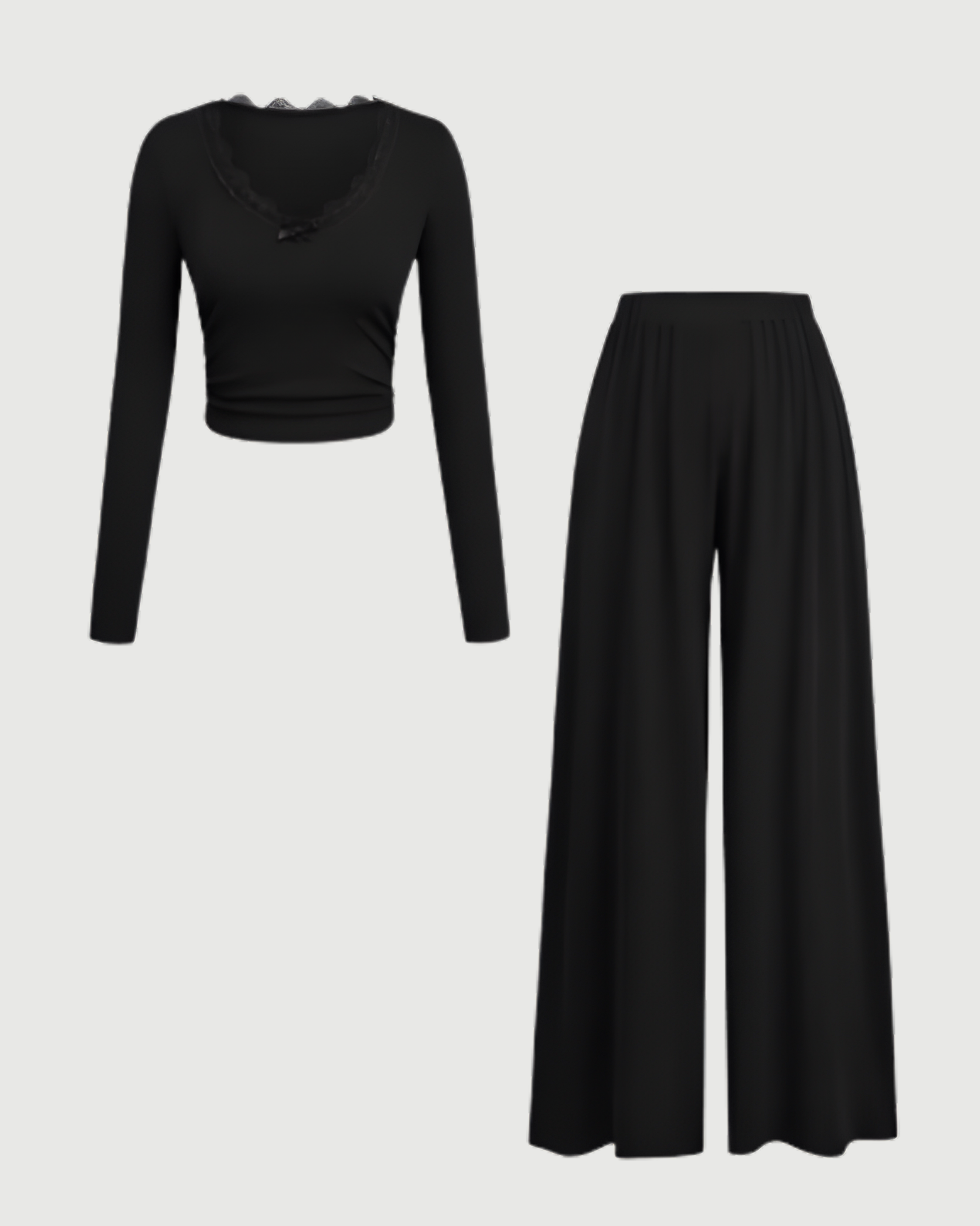 Lace Crop Top & Wide Leg Pant Set - Black
