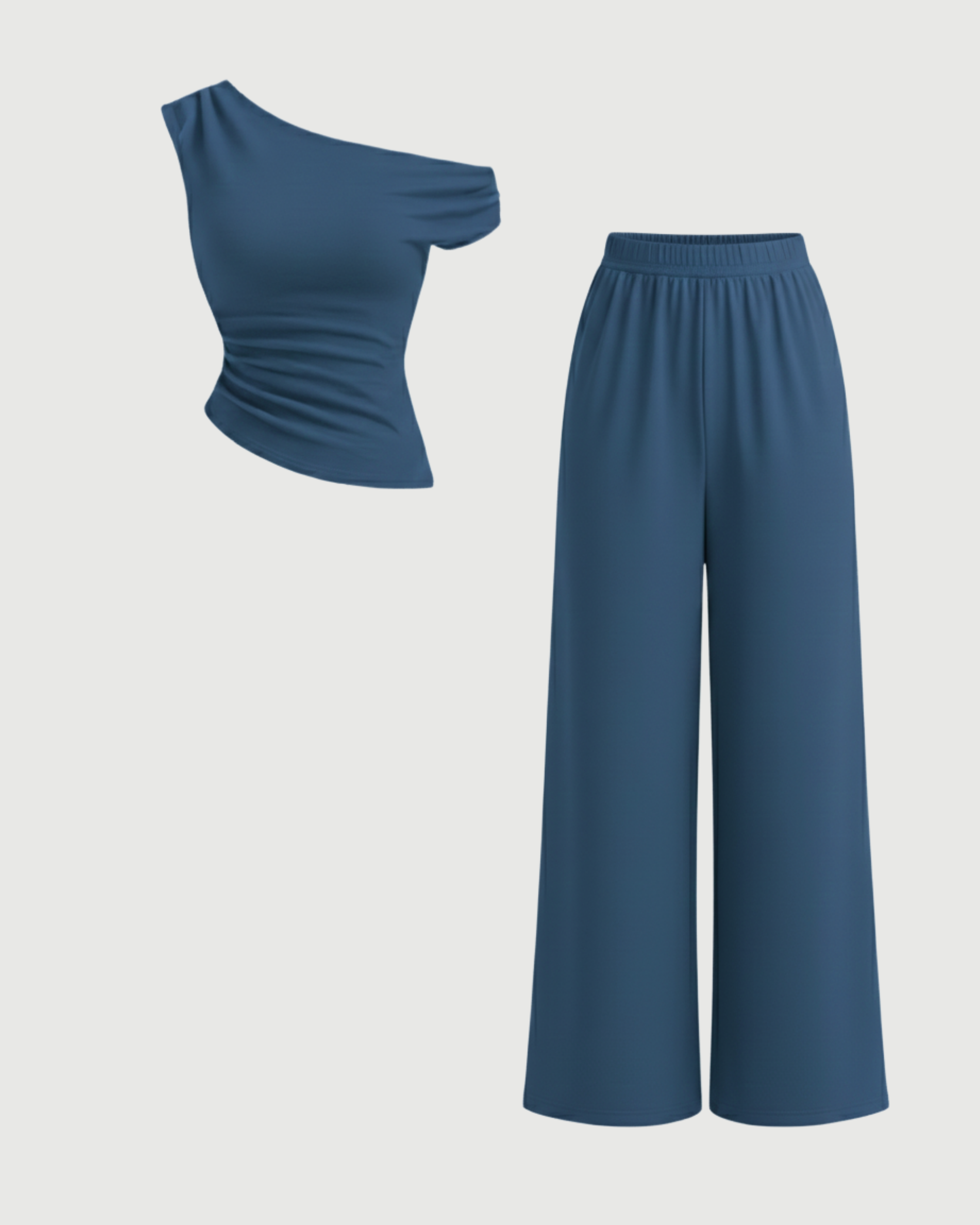 Modern Asymmetric Top & Straight Leg Trousers Set-Blue