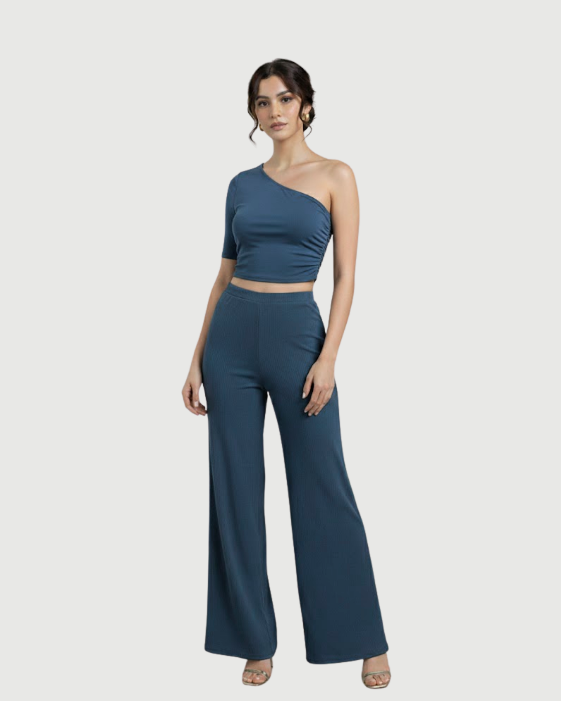 Modern Asymmetric Top & Straight Leg Trousers Set-Blue