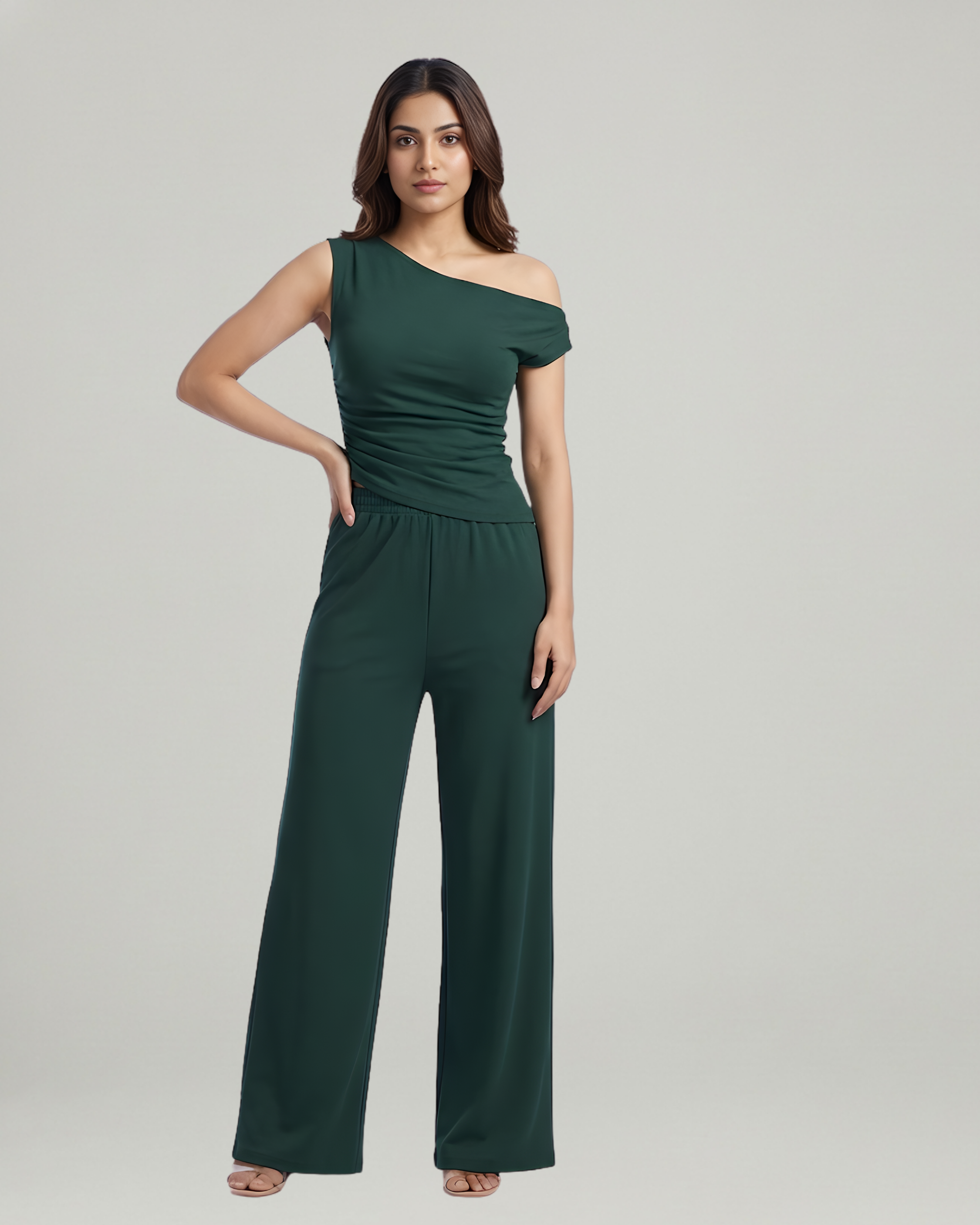 Modern Asymmetric Top & Straight Leg Trousers Set-Dark Green