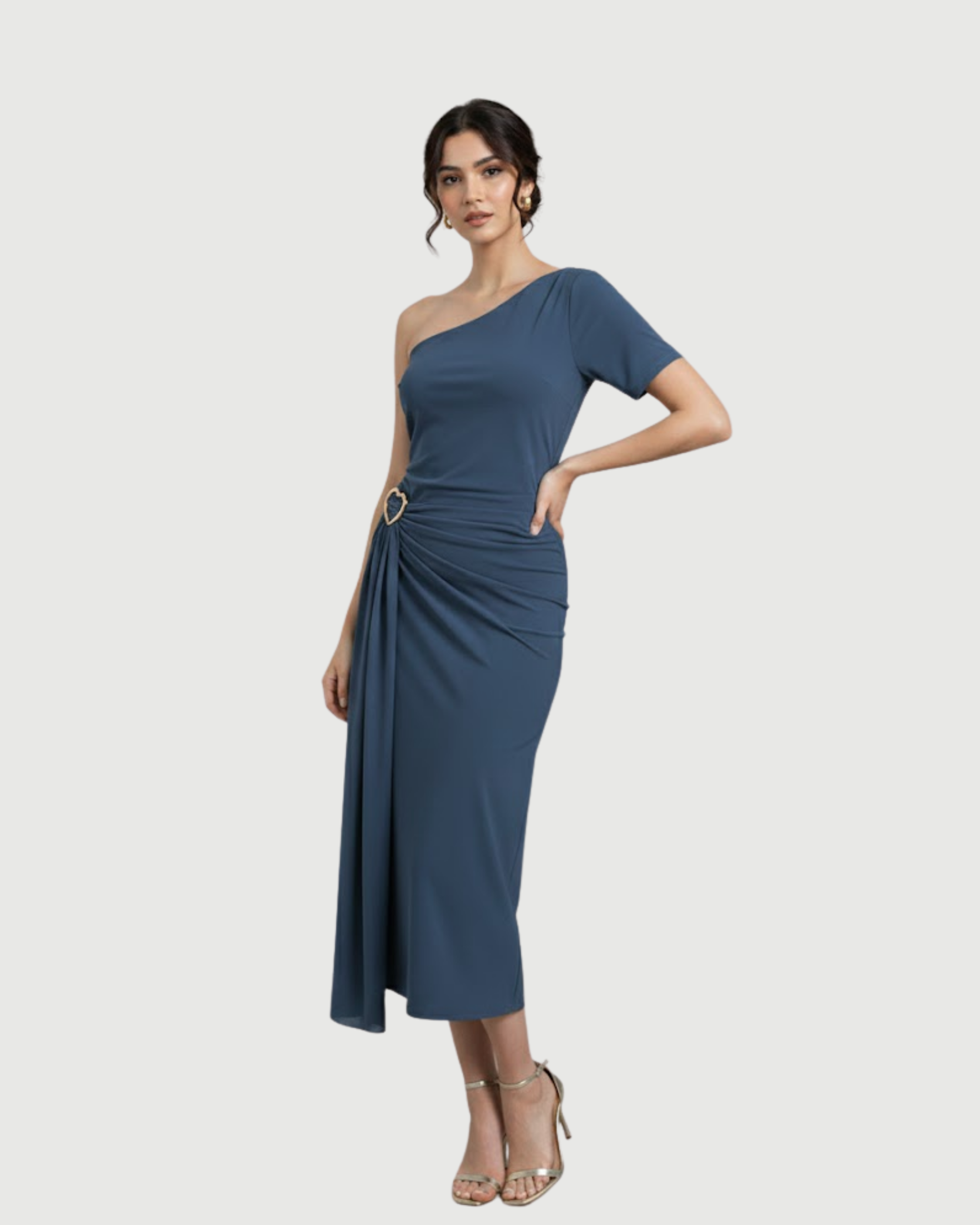 Sheer Mesh Draped Asymmetrical Maxi Dress-Blue