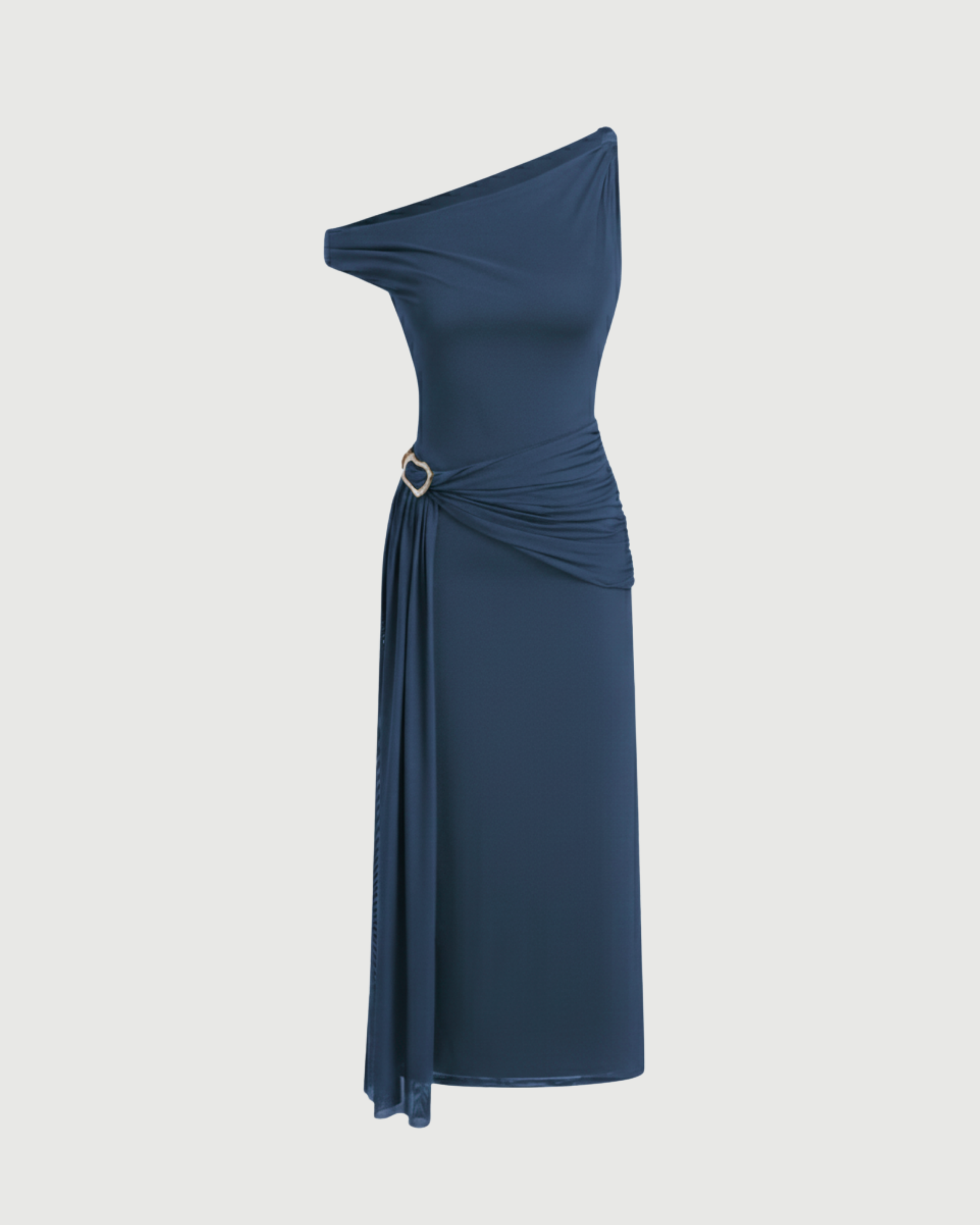 Sheer Mesh Draped Asymmetrical Maxi Dress-Blue