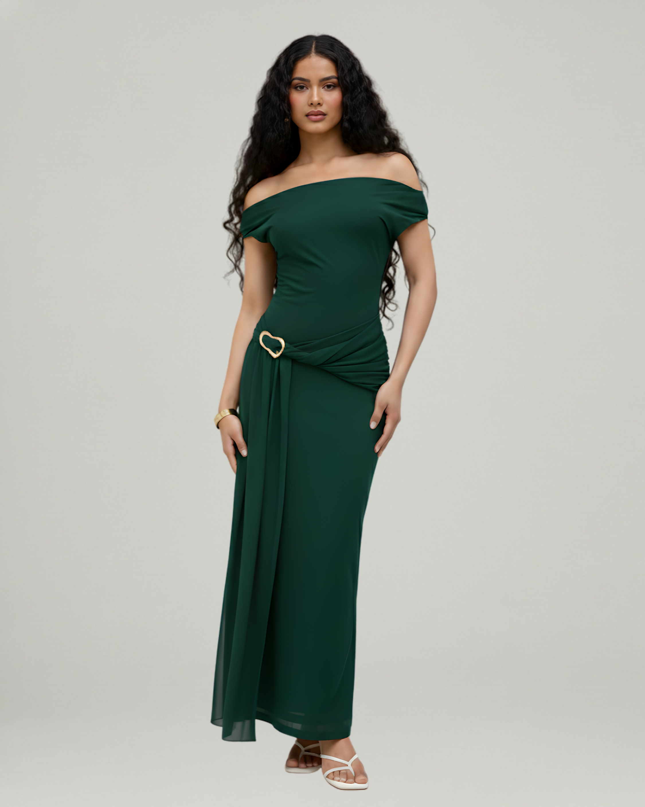 Sheer Mesh Draped Asymmetrical Maxi Dress-Dark Green