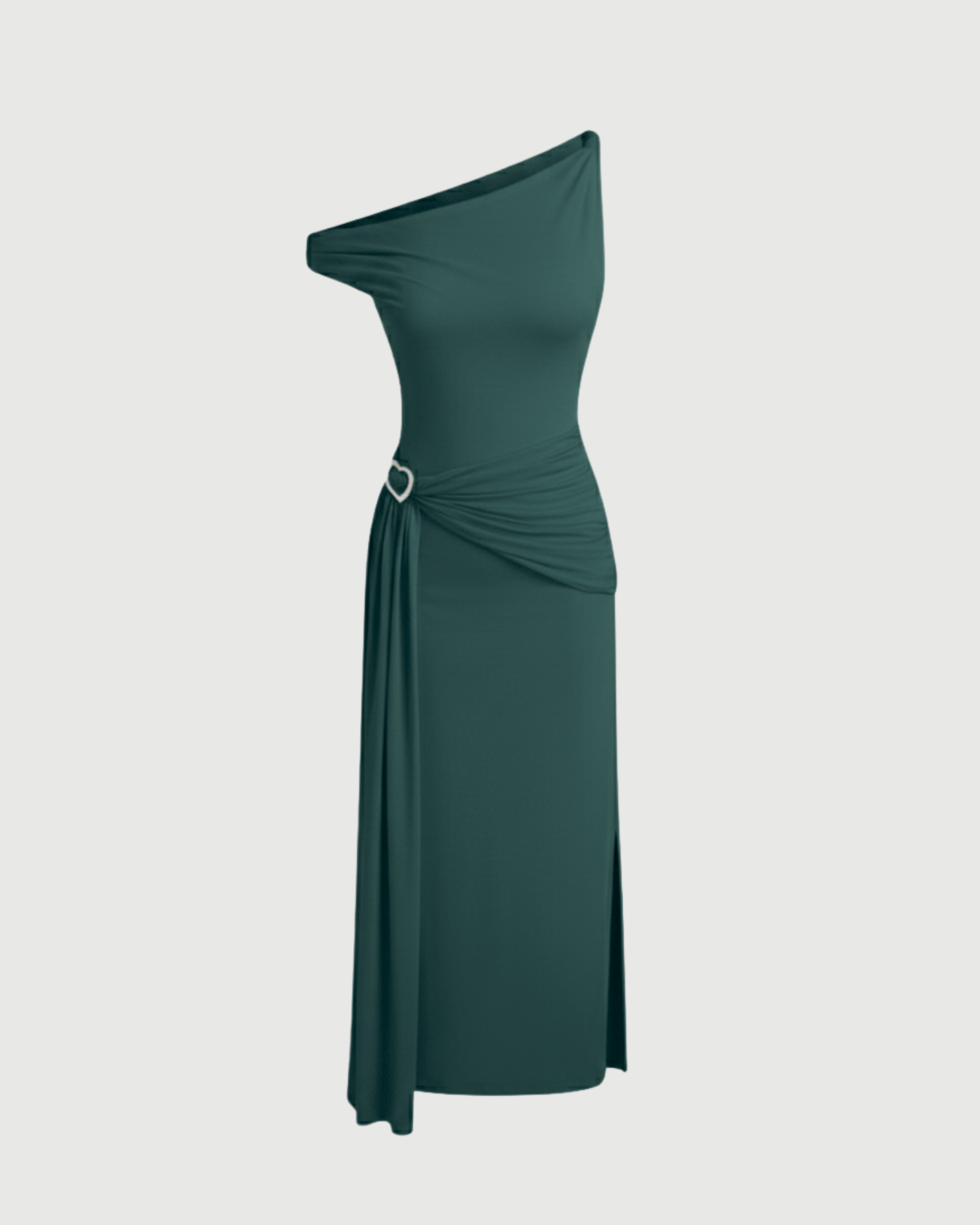Sheer Mesh Draped Asymmetrical Maxi Dress-Dark Green
